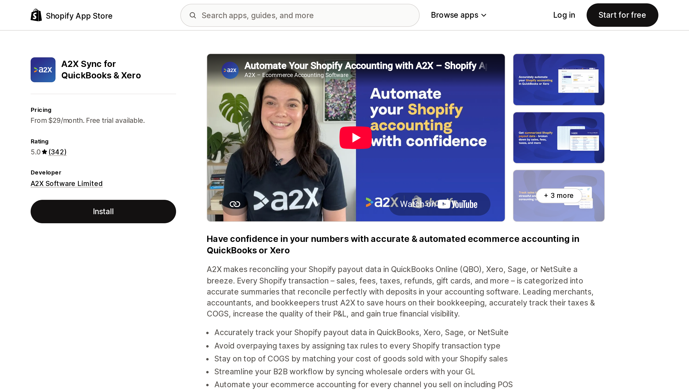 Top of the Shopify App Store listing page for A2X Sync for QuickBooks and Xero