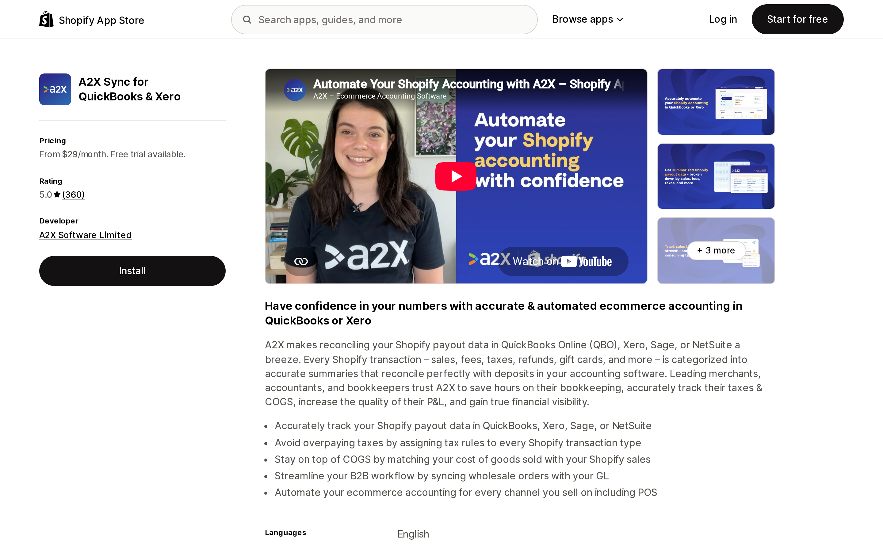 Top of the Shopify App Store listing page for A2X Sync for QuickBooks & Xero, showing a 5.0 rating and pricing from $29 a month