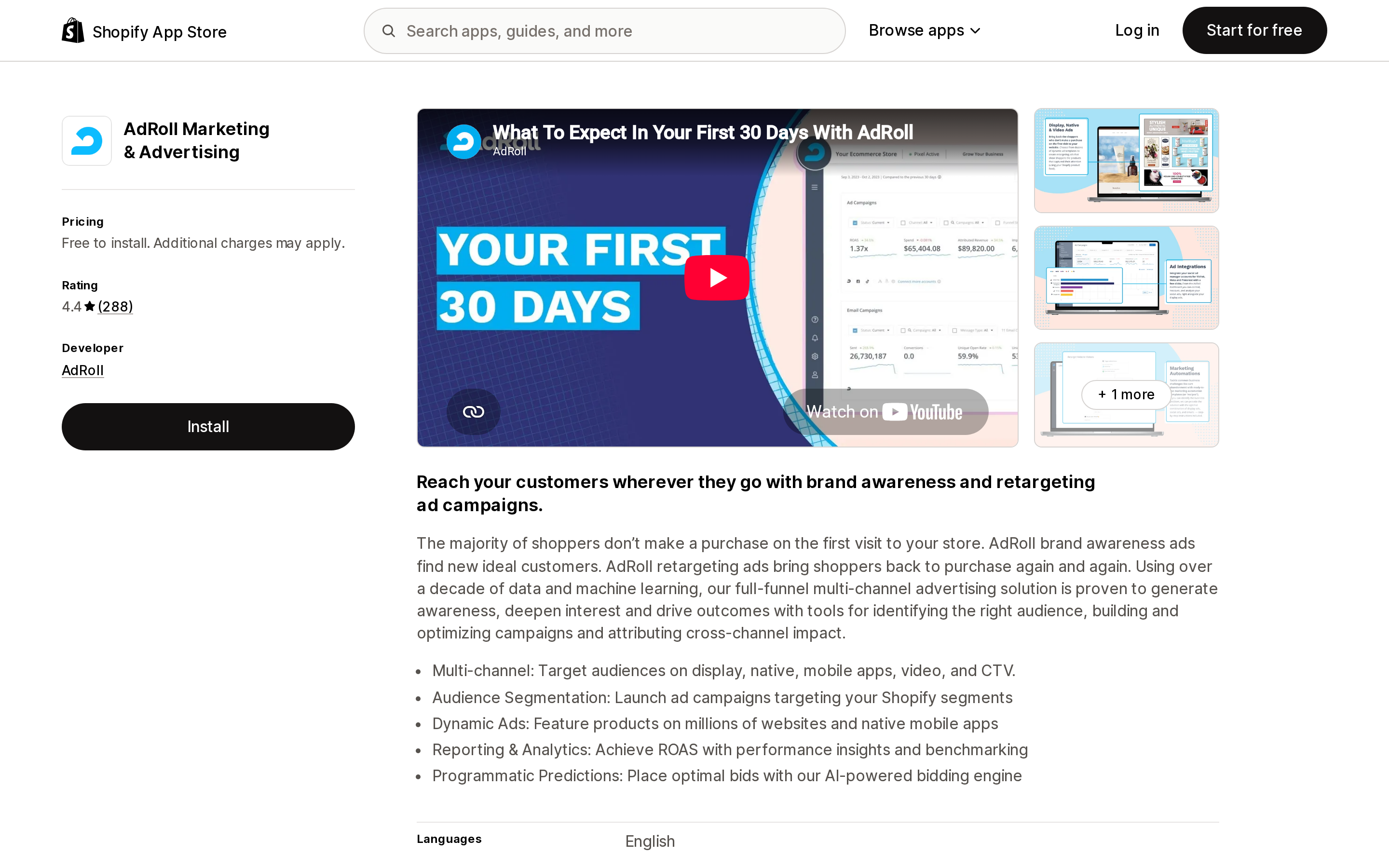 Top of the Shopify App Store listing page for AdRoll Marketing & Advertising