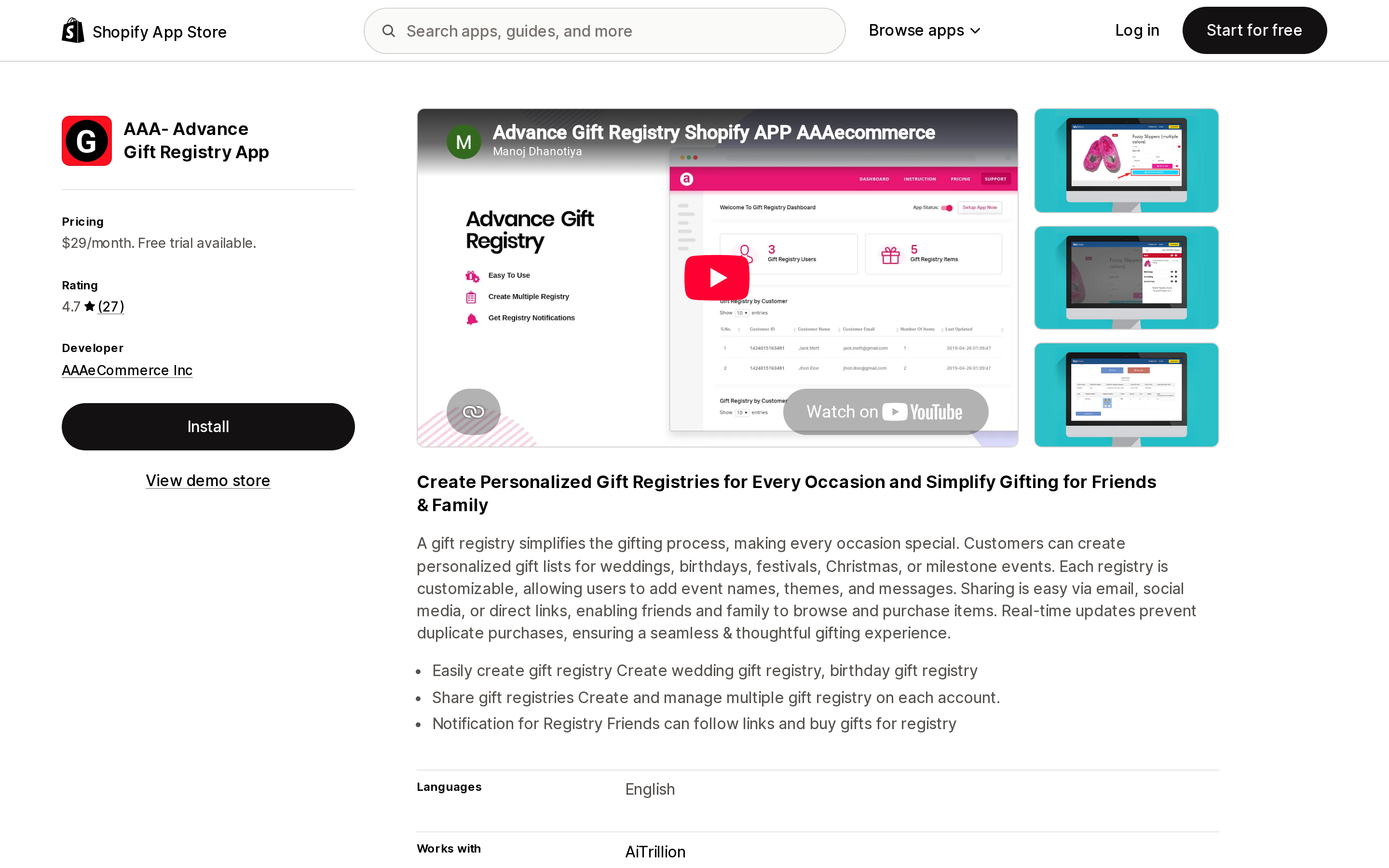Top of the Shopify App Store listing page for AAA‑ Advance Gift Registry App