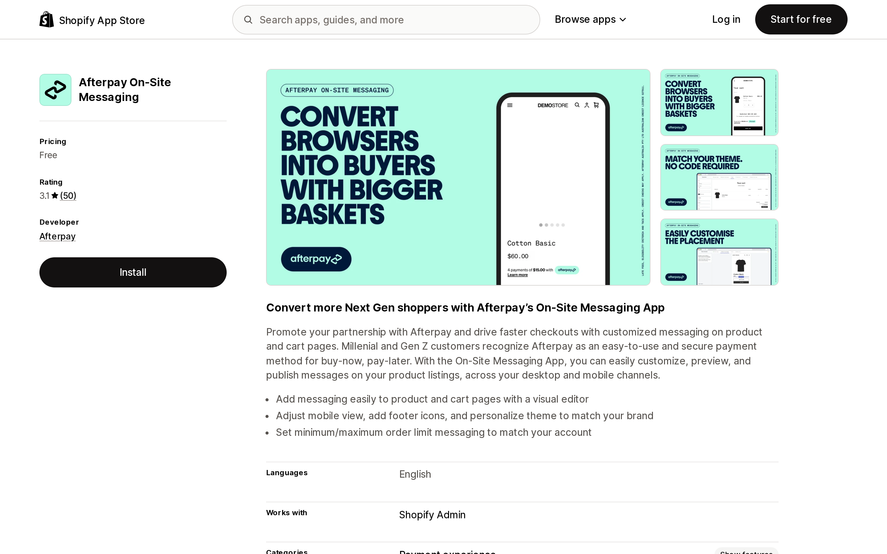 Top of the Shopify App Store listing page for Afterpay On‑Site Messaging