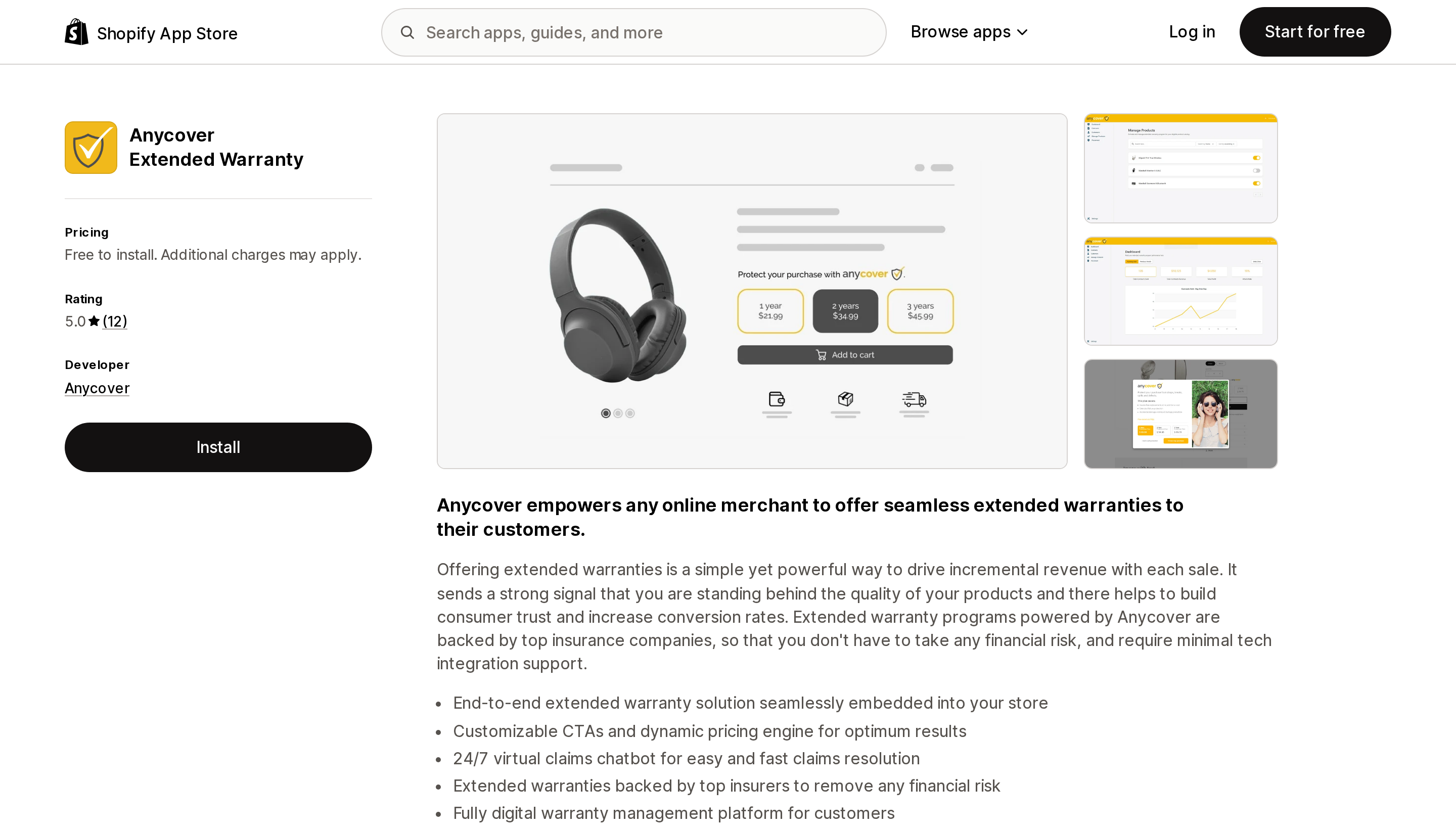 Top of the Shopify App Store listing page for Anycover Extended Warranty, showing free to install pricing and a 5.0 rating from 12 reviews