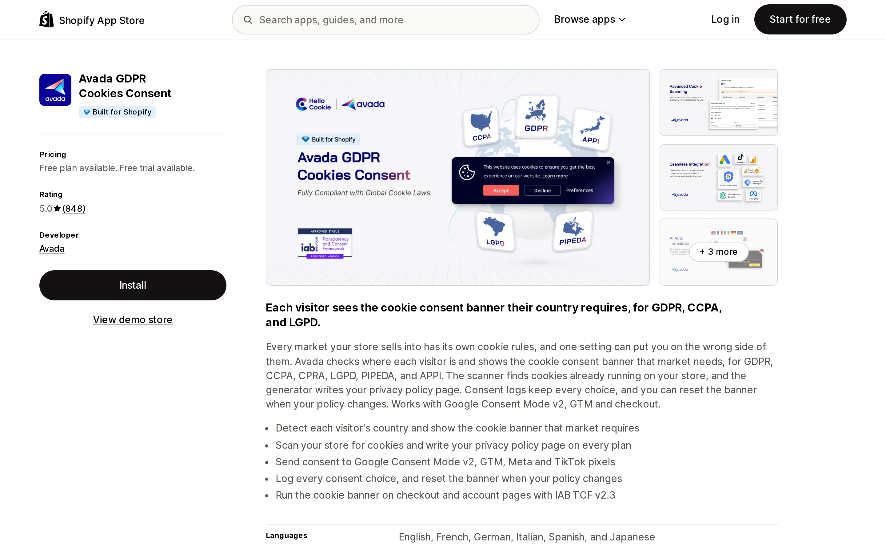 Top of the Shopify App Store listing page for Avada GDPR Cookies Consent