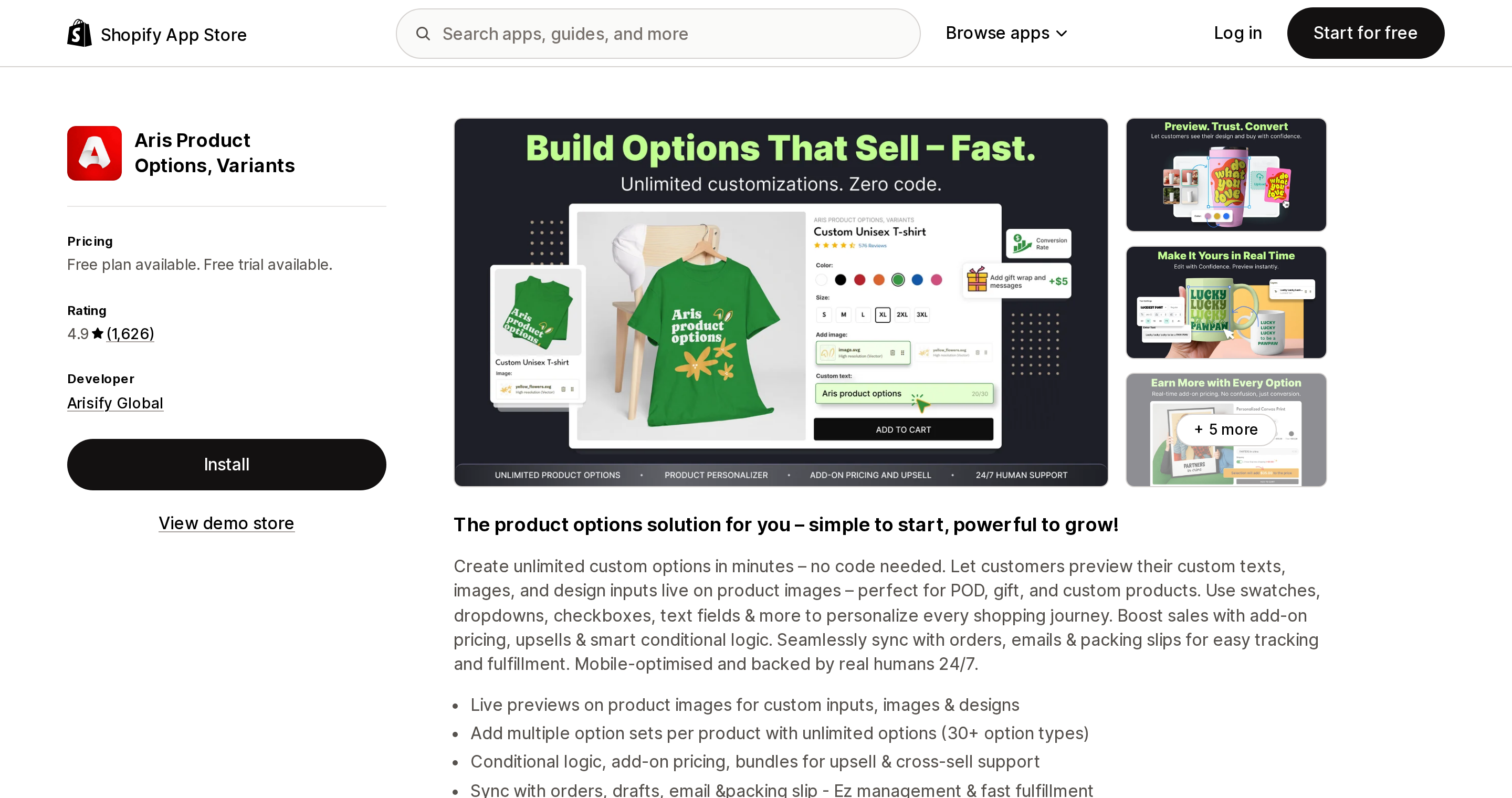Top of the Shopify App Store listing page for Aris Product Options, Variants