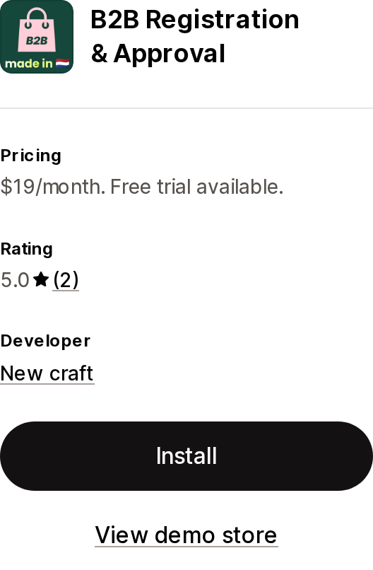Top of the Shopify App Store listing page for B2B Registration and Approval by New craft
