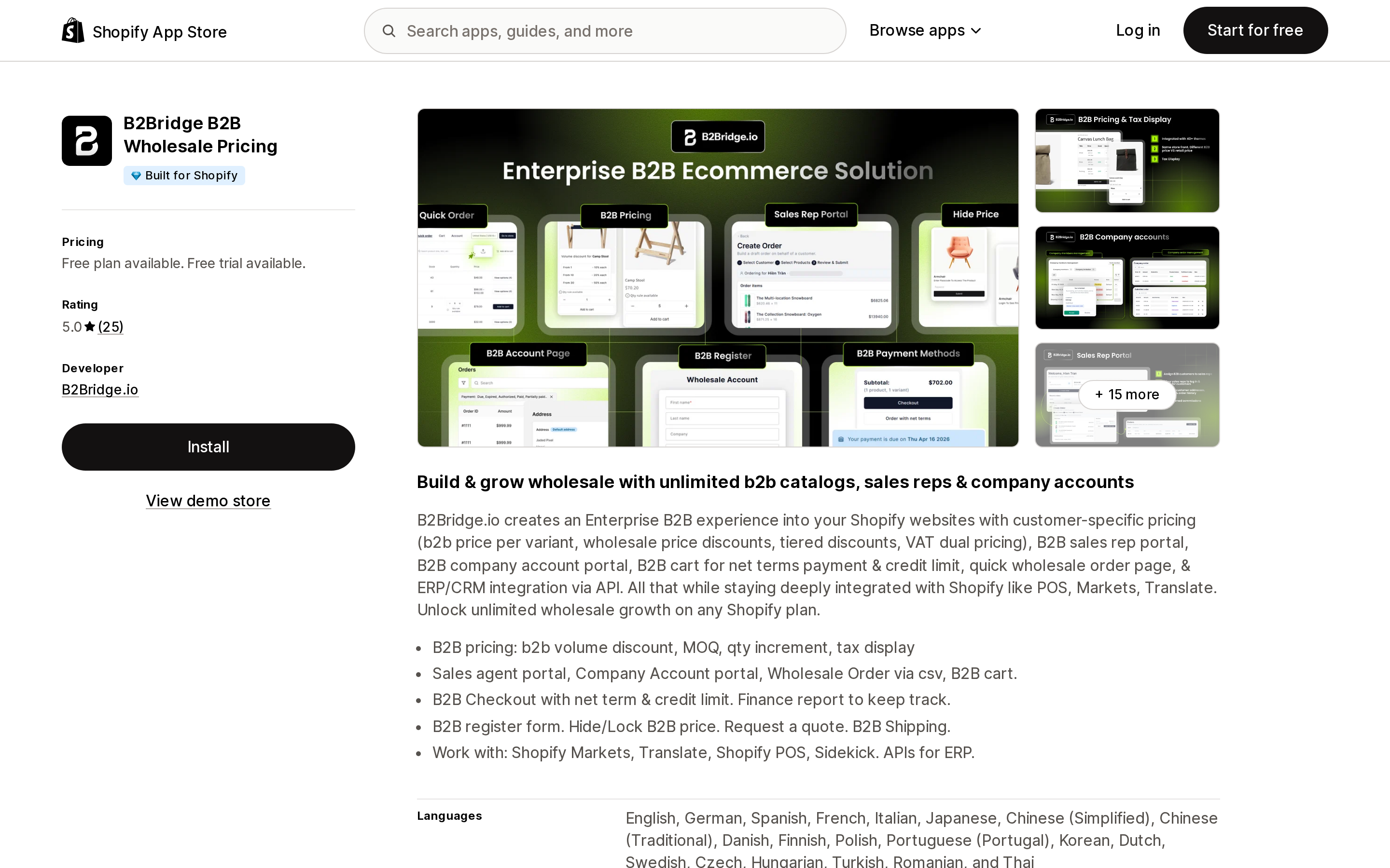 Top of the Shopify App Store listing page for B2Bridge B2B Wholesale Pricing