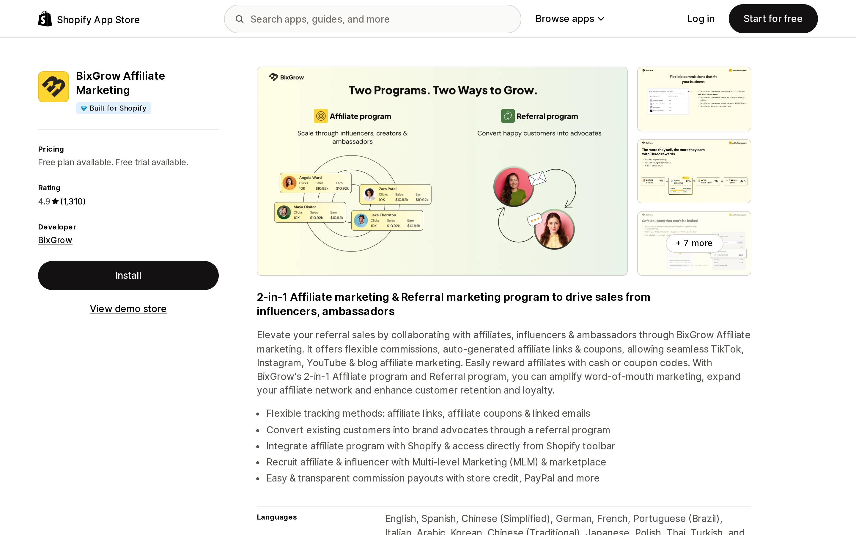 Top of the Shopify App Store listing page for BixGrow Affiliate Marketing, showing the Built for Shopify badge, free plan availability and the 4.9 rating