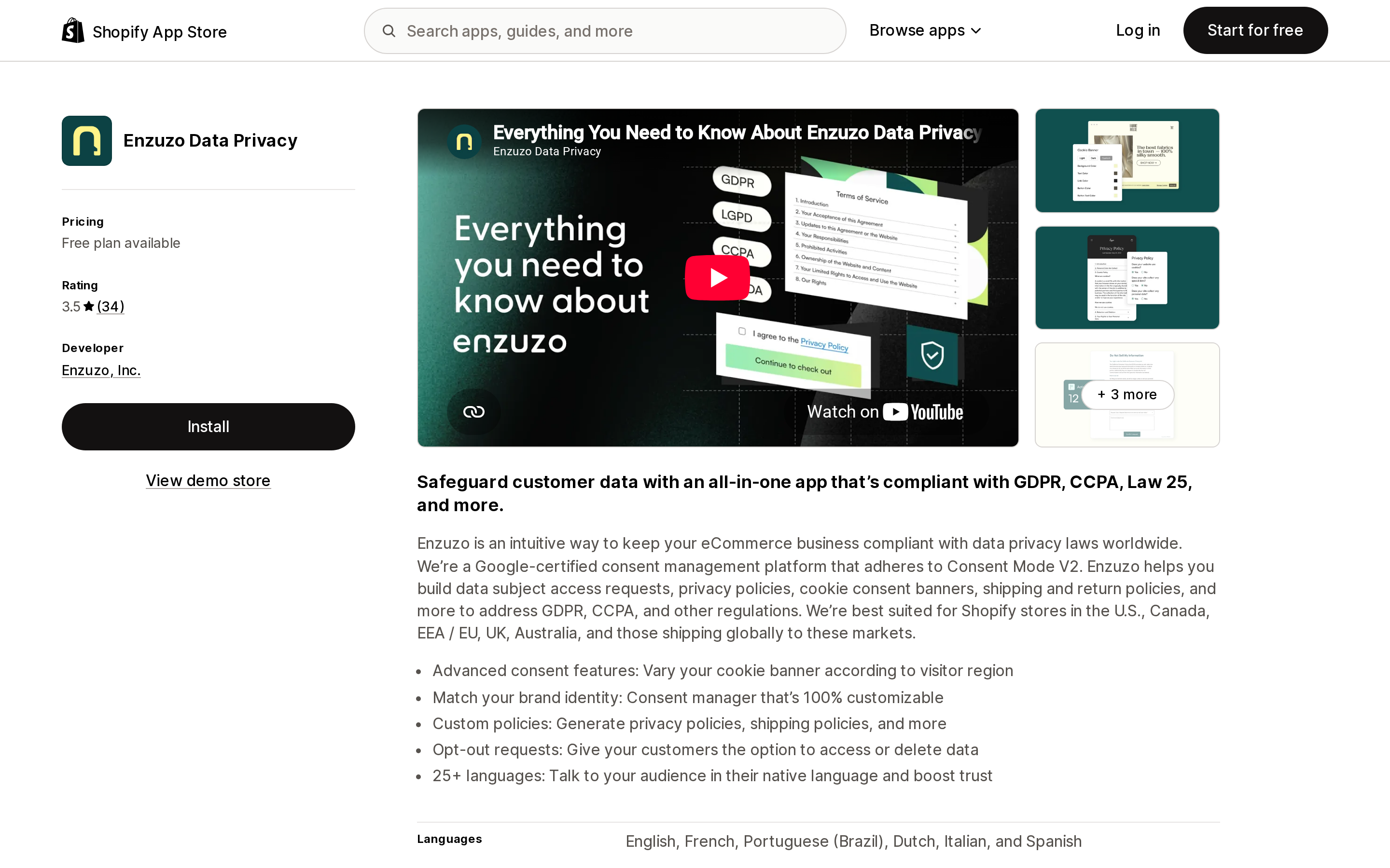 Top of the Shopify App Store listing page for Enzuzo Data Privacy, showing its compliance positioning