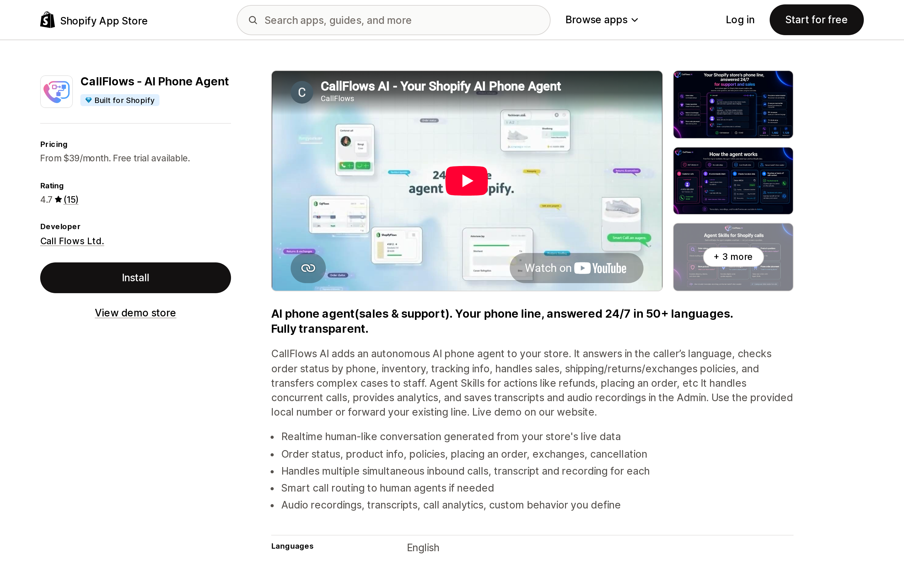 Top of the Shopify App Store listing page for CallFlows ‑ AI Phone Agent, showing the Built for Shopify badge and From $39/month pricing