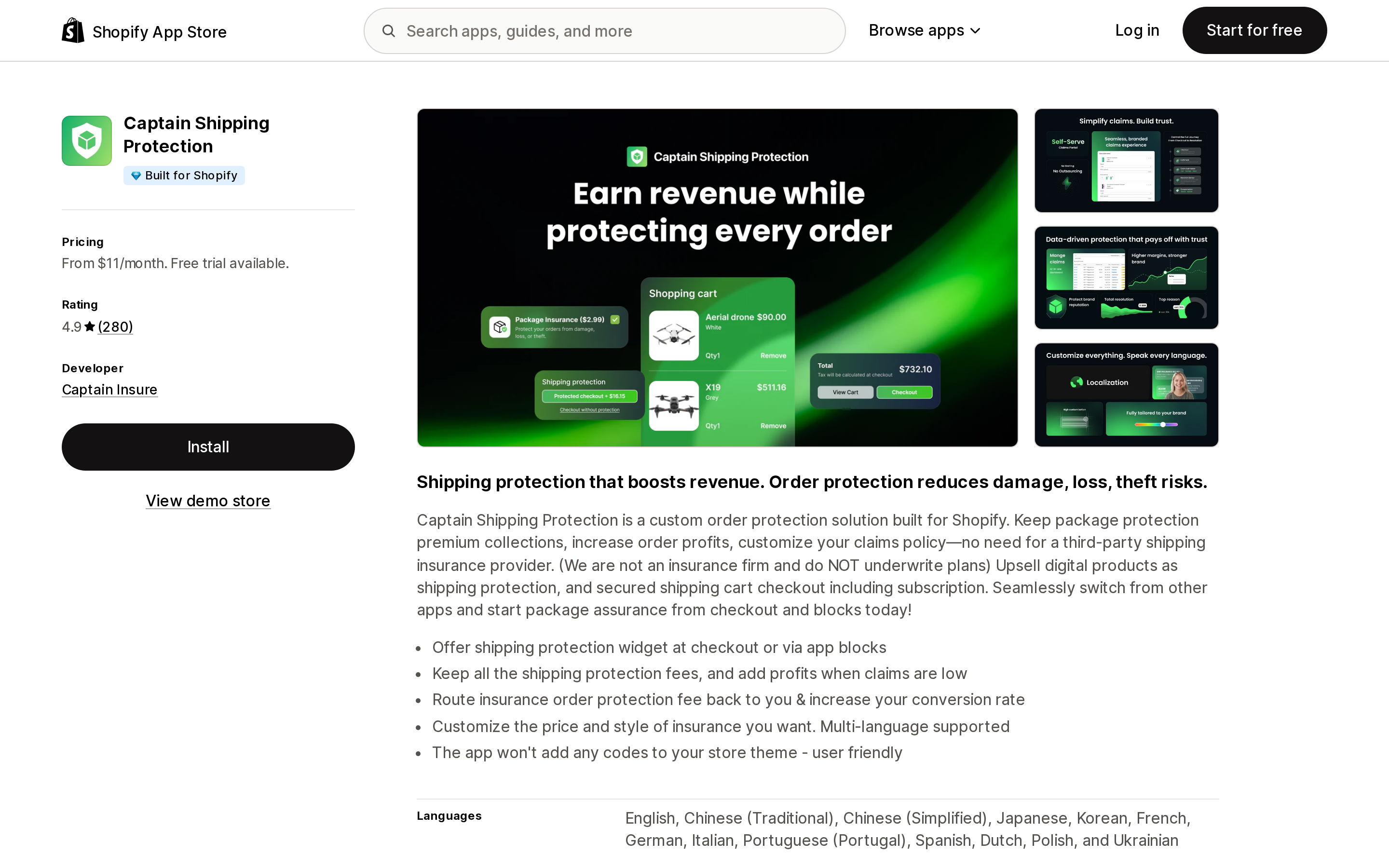 Top of the Shopify App Store listing page for Captain Shipping Protection, showing the Built for Shopify badge and a 4.9 rating from 280 reviews