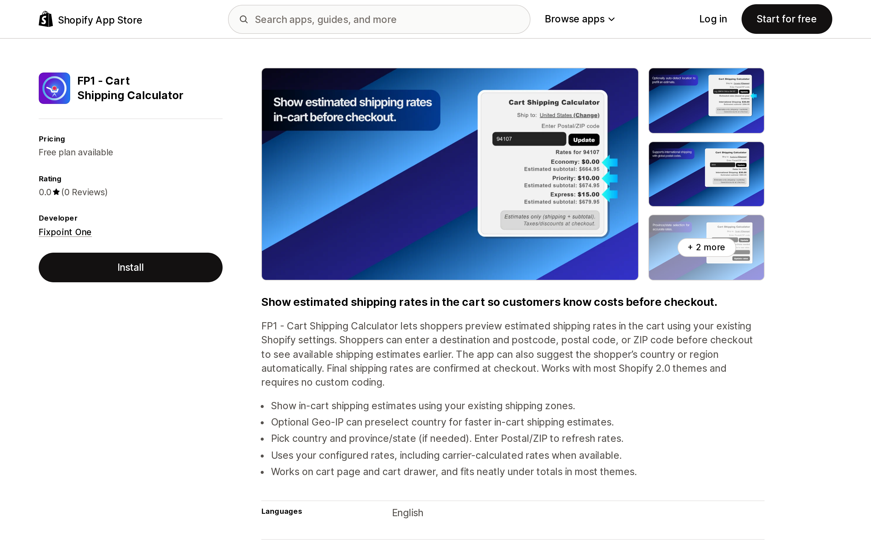 Top of the Shopify App Store listing page for FP1 - Cart Shipping Calculator, showing a free plan and no reviews yet