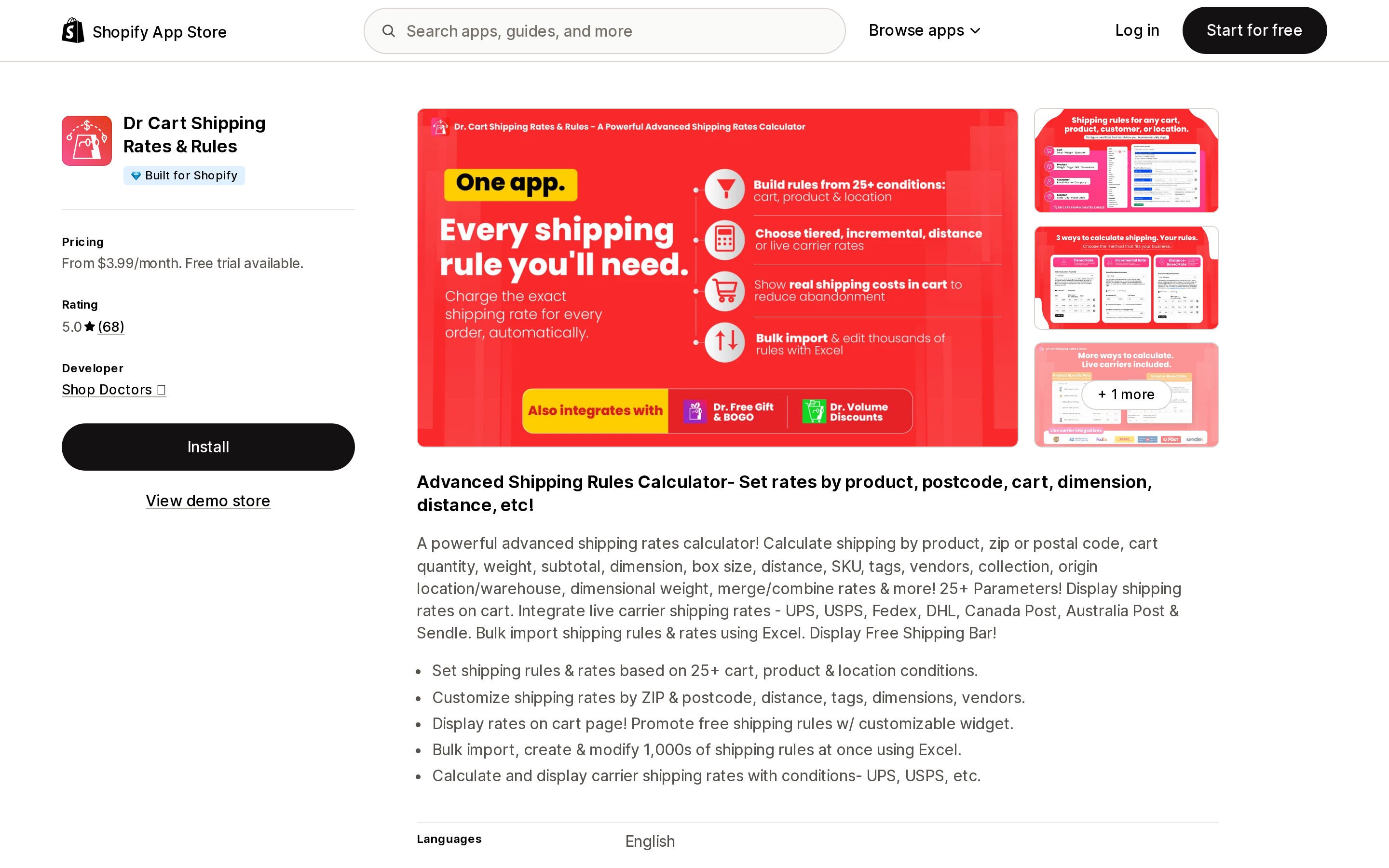 Top of the Shopify App Store listing page for Dr Cart Shipping Rates and Rules, showing the Built for Shopify badge and a 5.0 rating