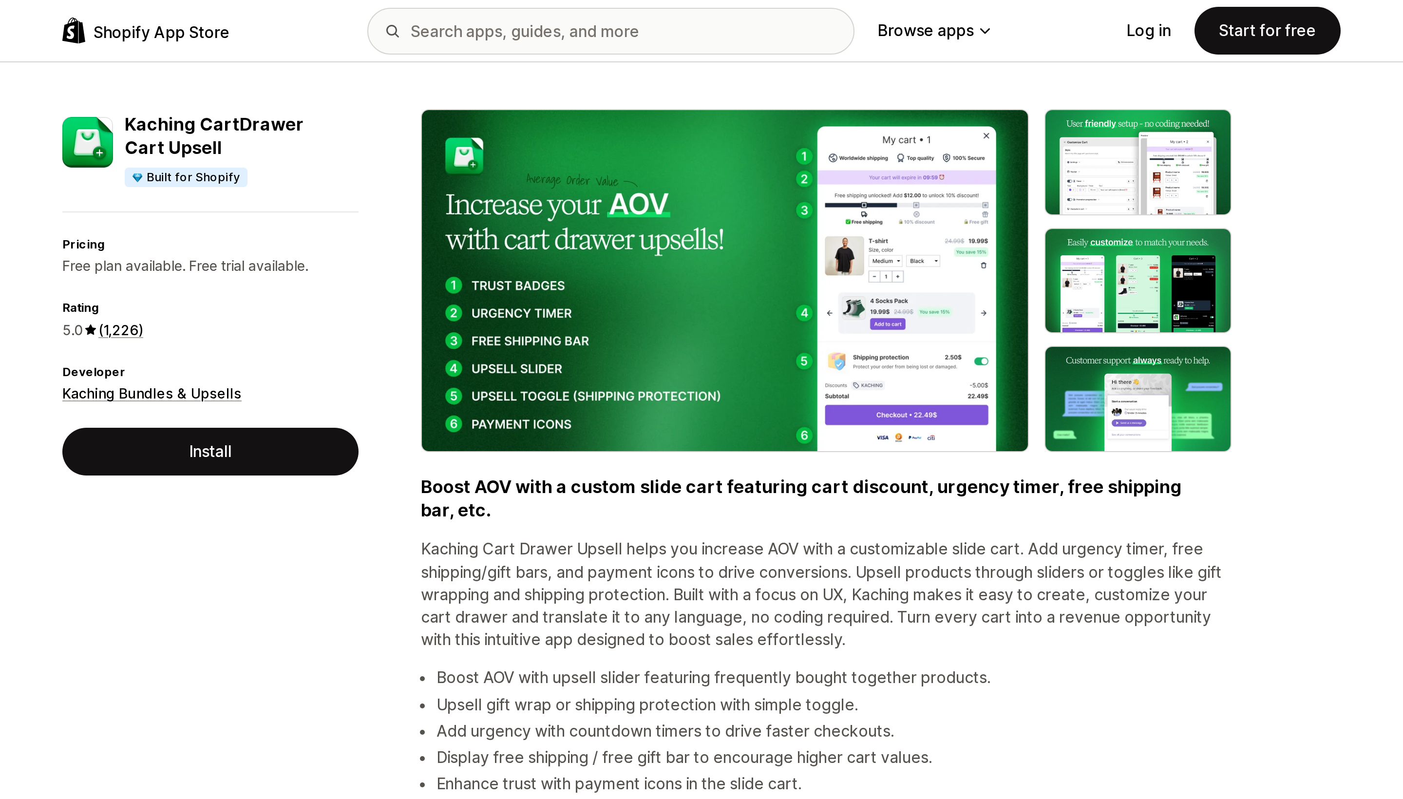 Top of the Shopify App Store listing page for Kaching CartDrawer Cart Upsell