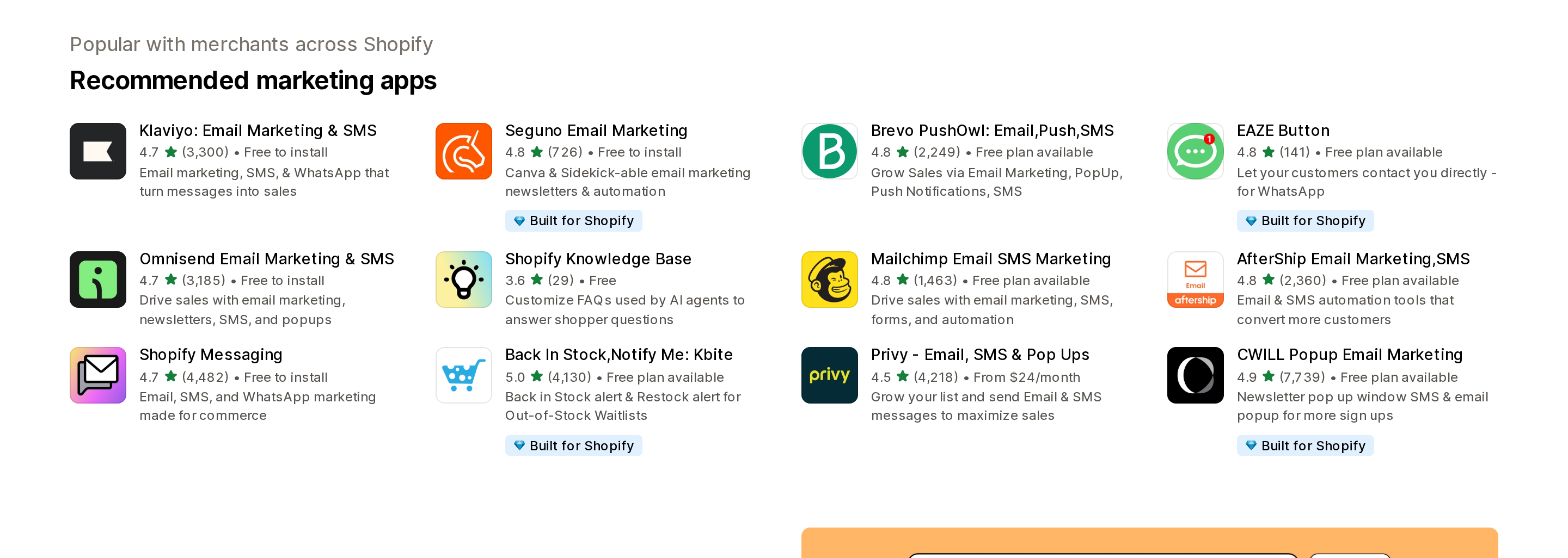 Shopify App Store Email marketing category page, with twelve apps listed as Recommended marketing apps under the heading Popular with merchants across Shopify