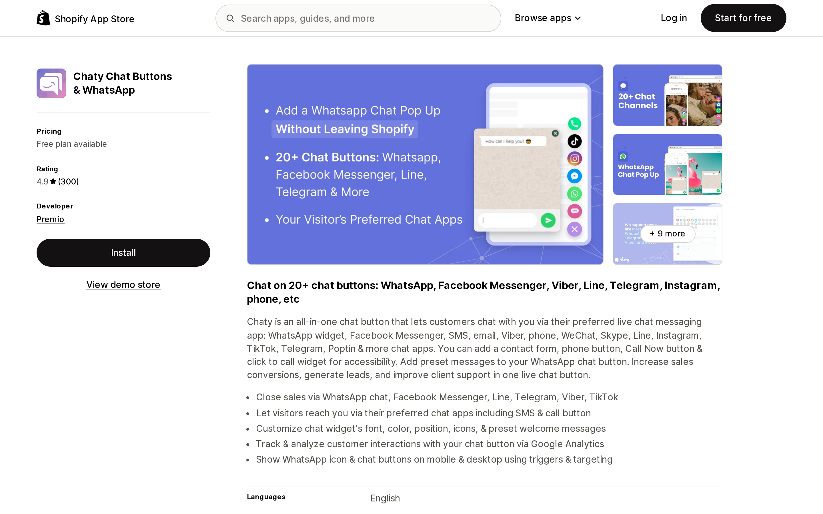 Top of the Shopify App Store listing page for Chaty Chat Buttons & WhatsApp