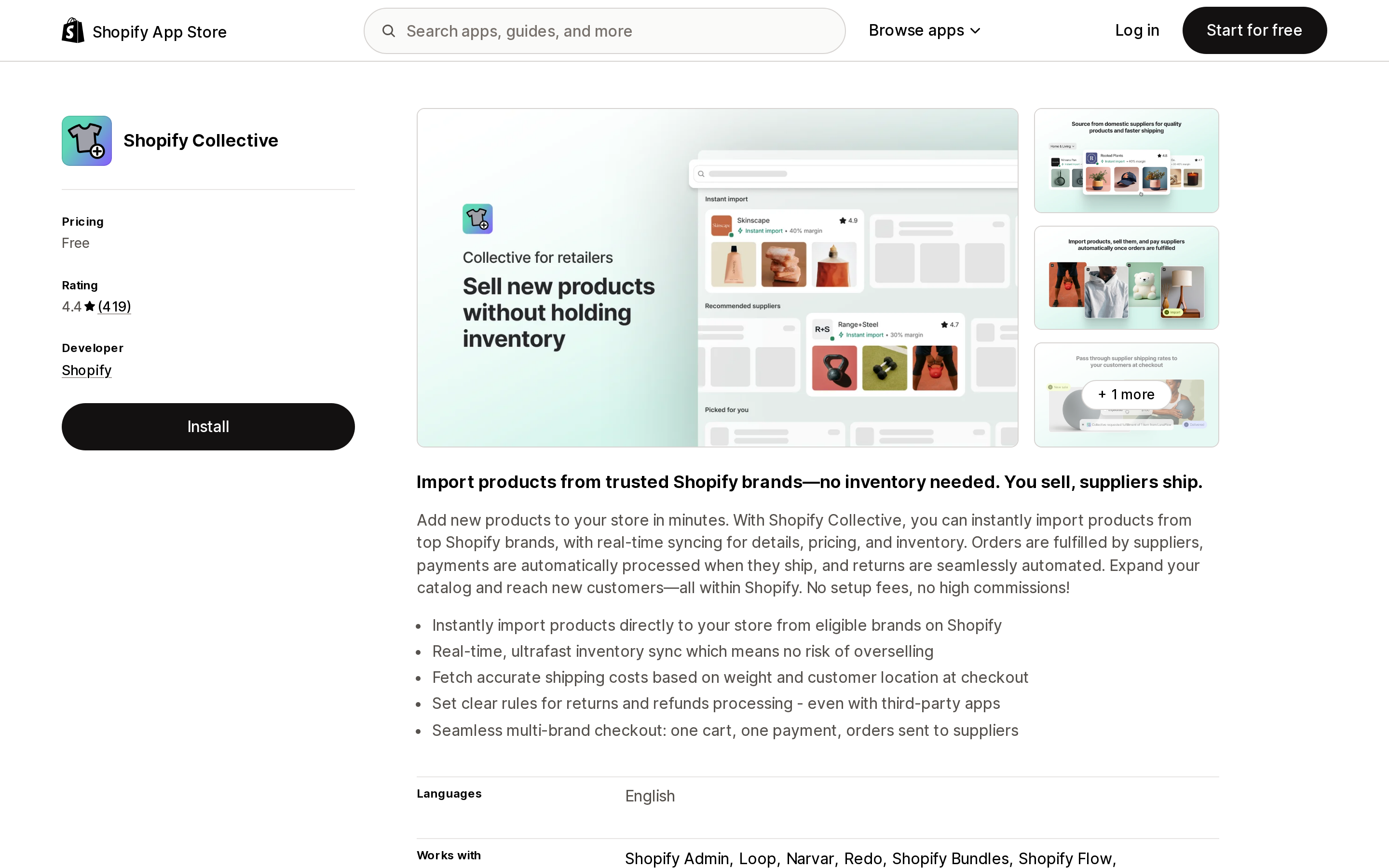 Top of the Shopify App Store listing page for Shopify Collective, showing the Free price and a 4.4 rating across 419 reviews