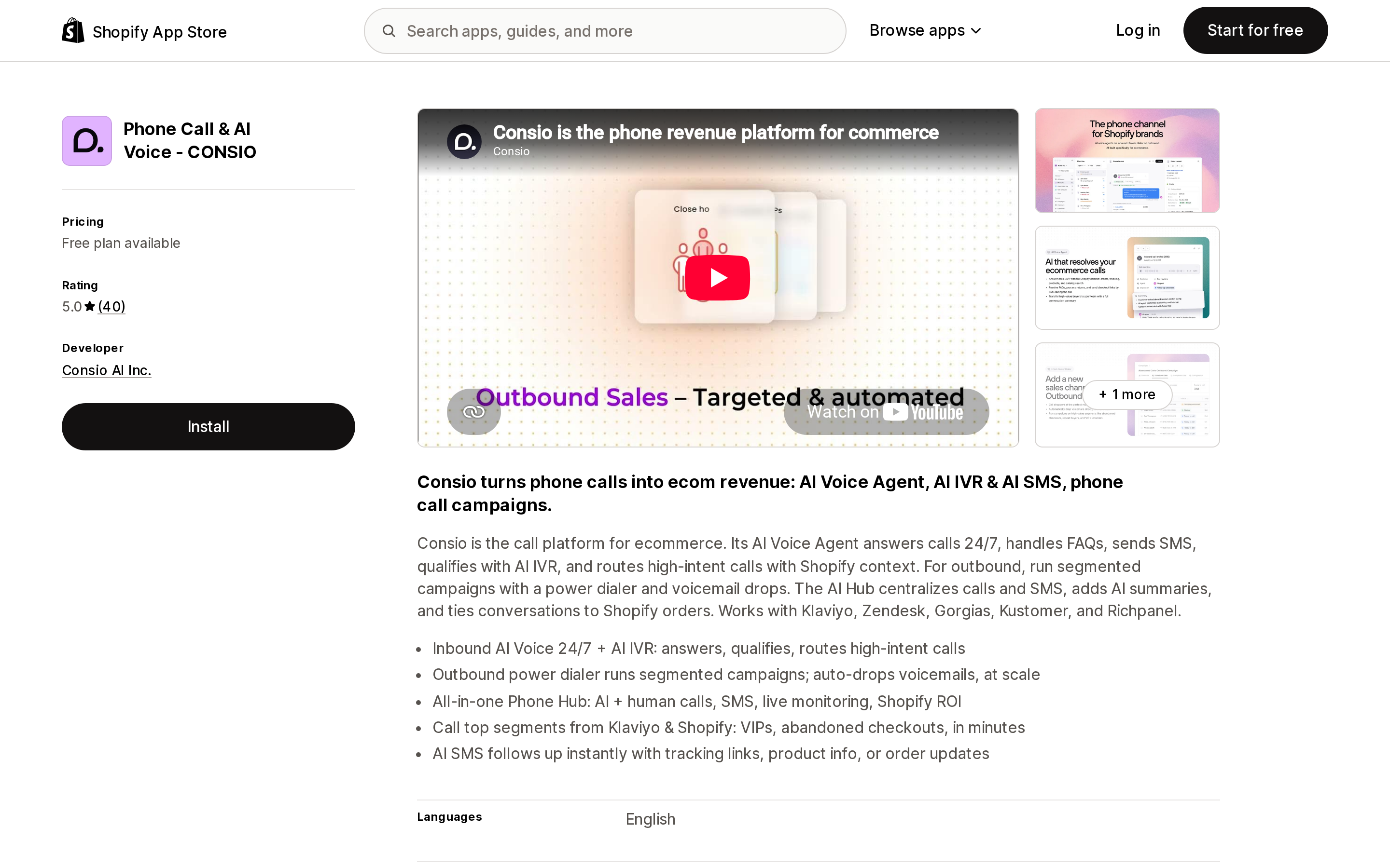 Top of the Shopify App Store listing page for Phone Call & AI Voice ‑ CONSIO, showing the free plan available label and 5.0 rating from 40 reviews