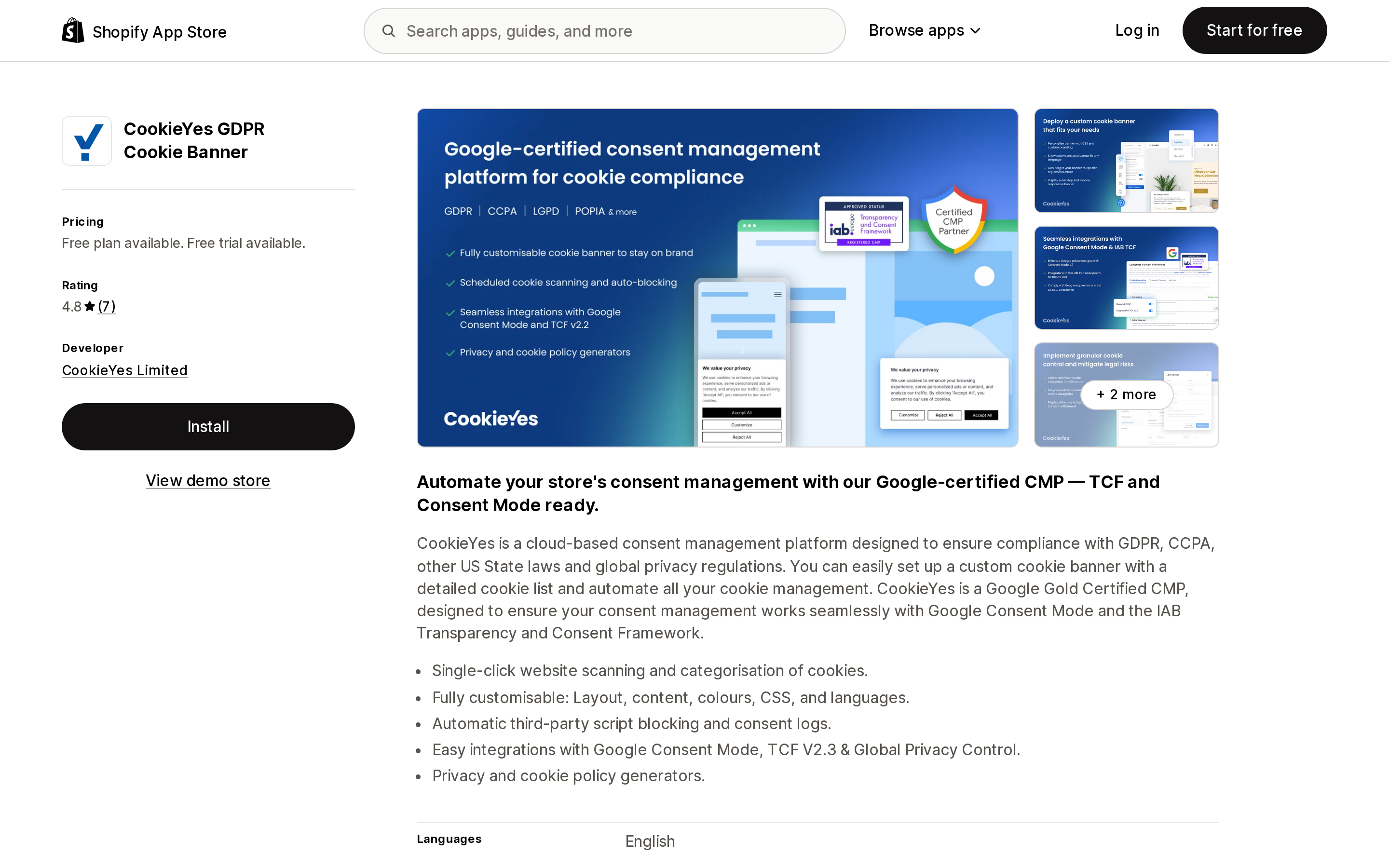 Top of the Shopify App Store listing page for CookieYes GDPR Cookie Banner