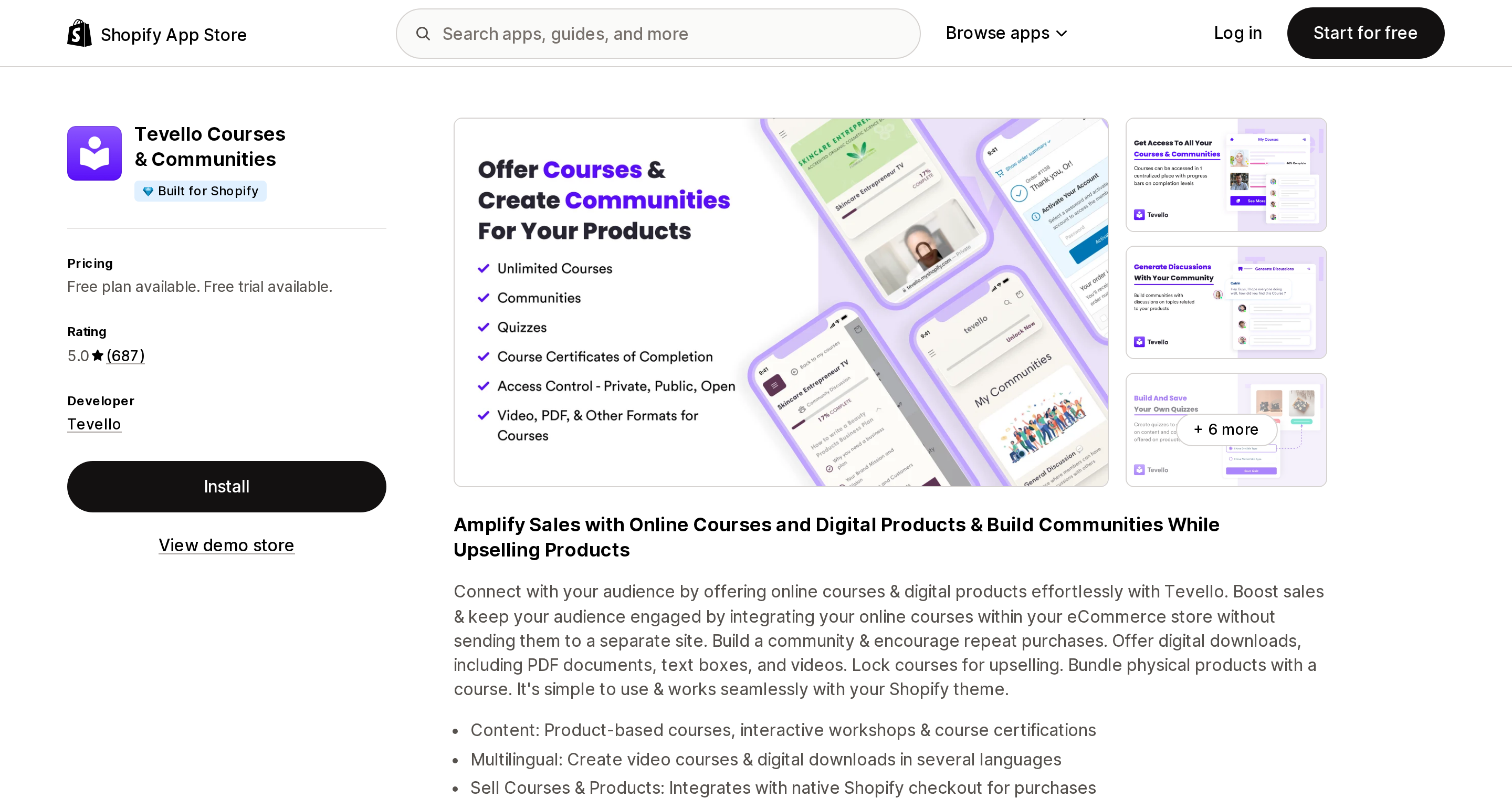 Top of the Shopify App Store listing page for Tevello Courses & Communities