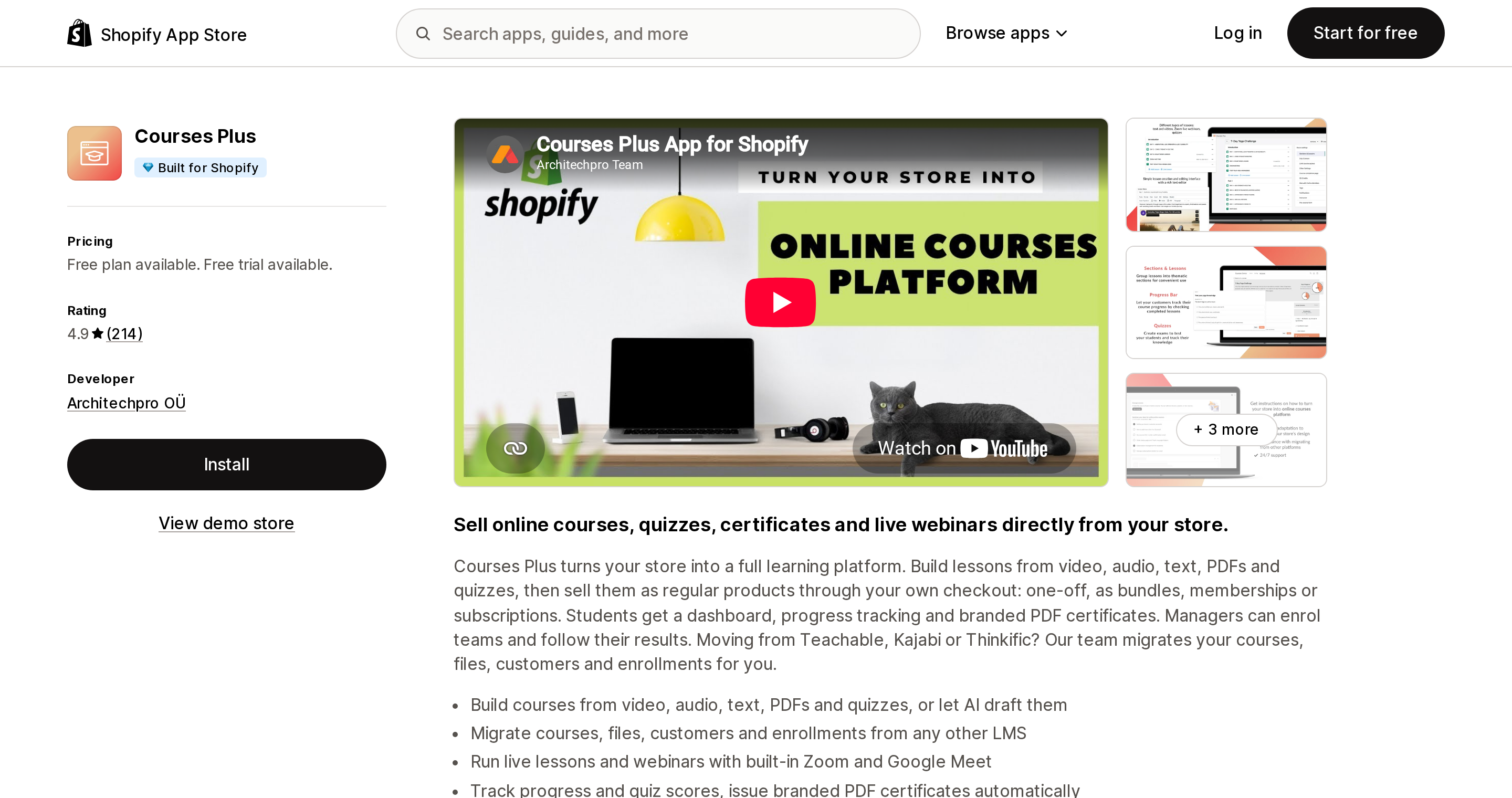 Top of the Shopify App Store listing page for Courses Plus
