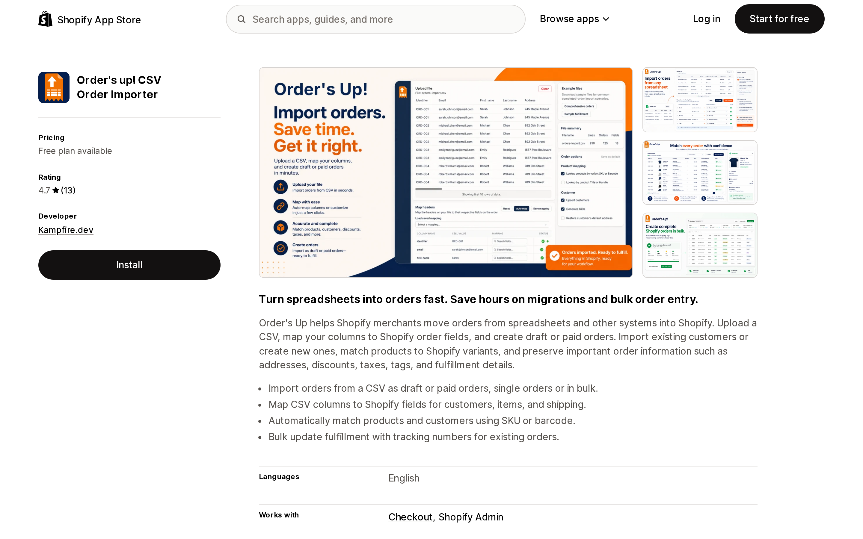 Top of the Shopify App Store listing page for Order's up! CSV Order Importer