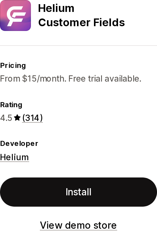 Top of the Shopify App Store listing page for Helium Customer Fields