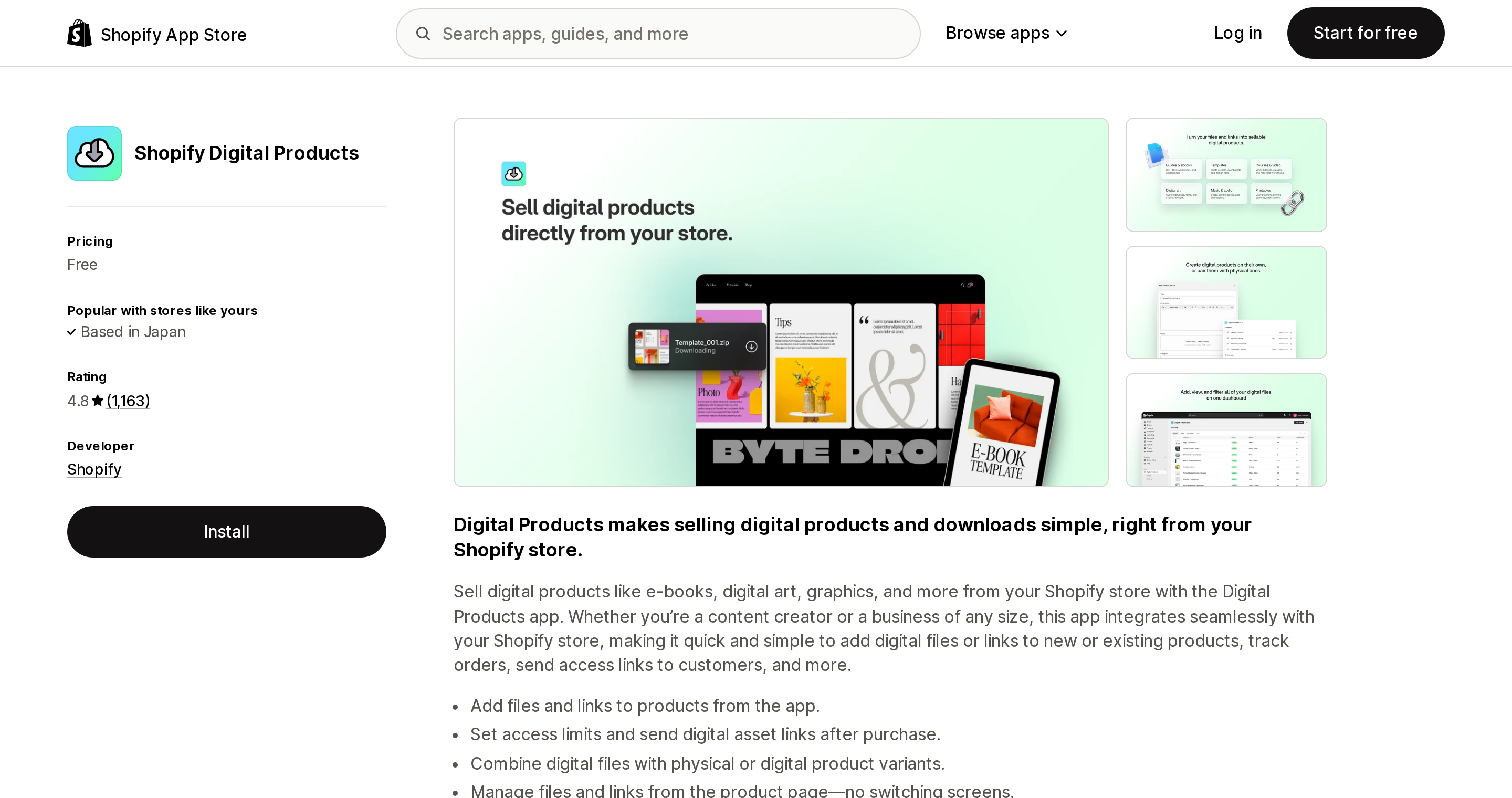 Top of the Shopify App Store listing page for Shopify Digital Products