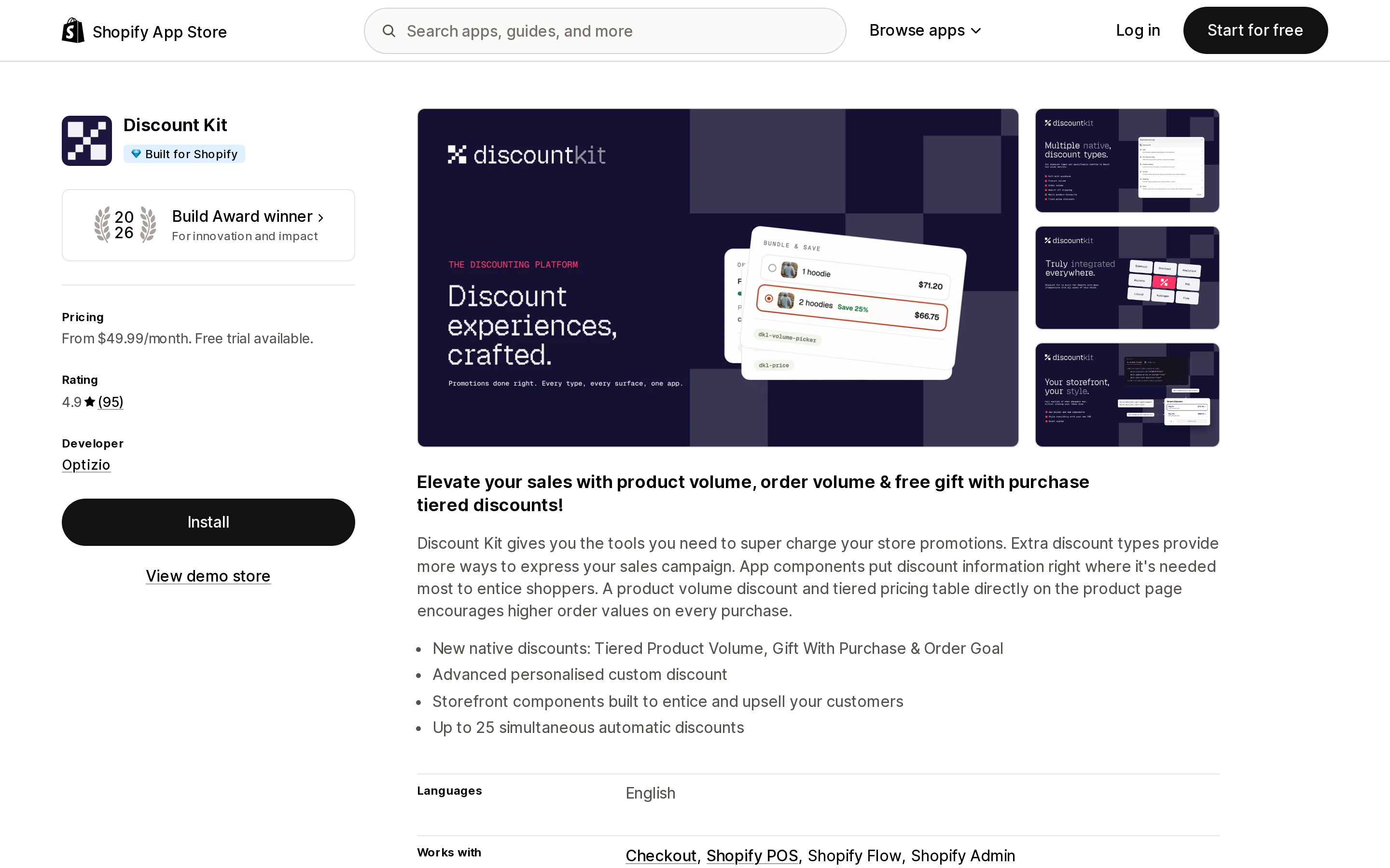Top of the Shopify App Store listing page for Discount Kit, showing the Built for Shopify badge with the 2026 Build Award winner element directly below it