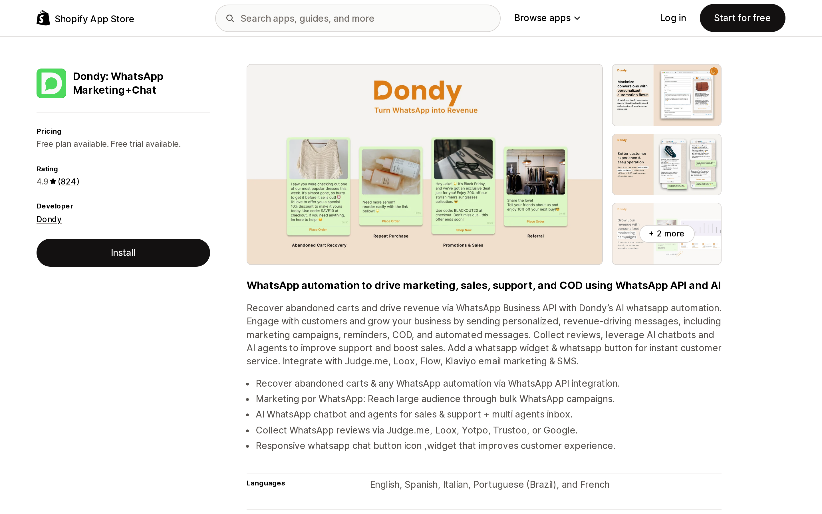 Top of the Shopify App Store listing page for Dondy: WhatsApp Marketing+Chat