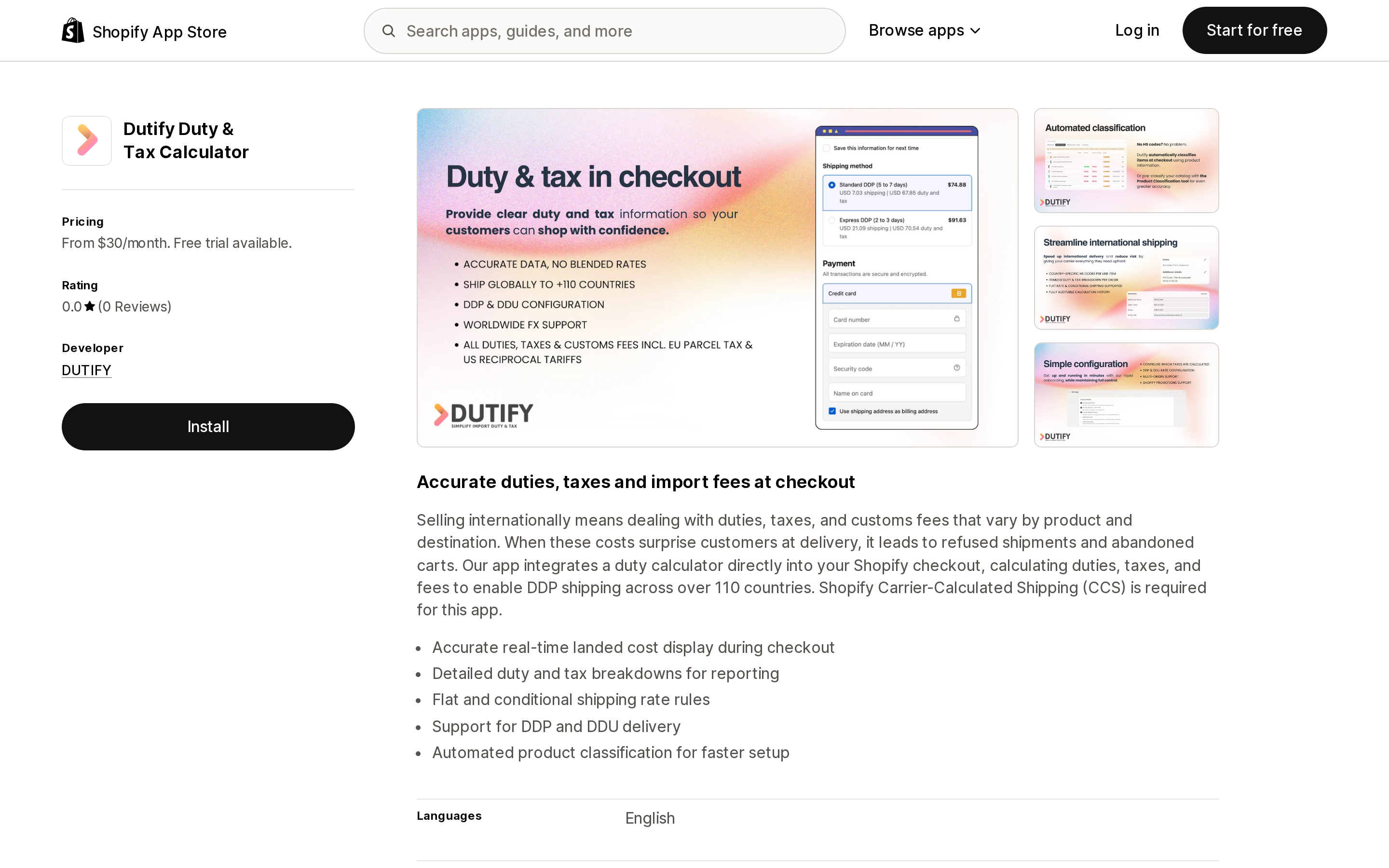 Top of the Shopify App Store listing page for Dutify Duty & Tax Calculator, showing pricing from $30 per month and no reviews yet