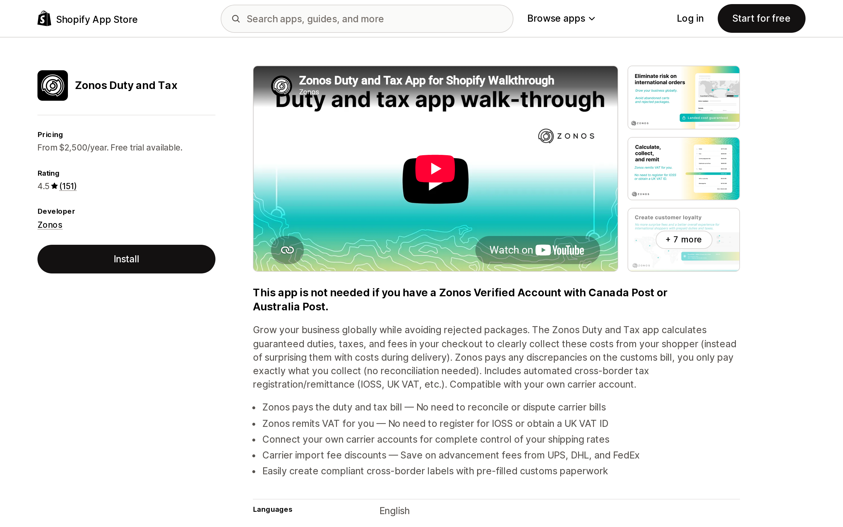 Top of the Shopify App Store listing page for Zonos Duty and Tax, showing a 4.5 rating from 151 reviews and pricing from $2,500 per year