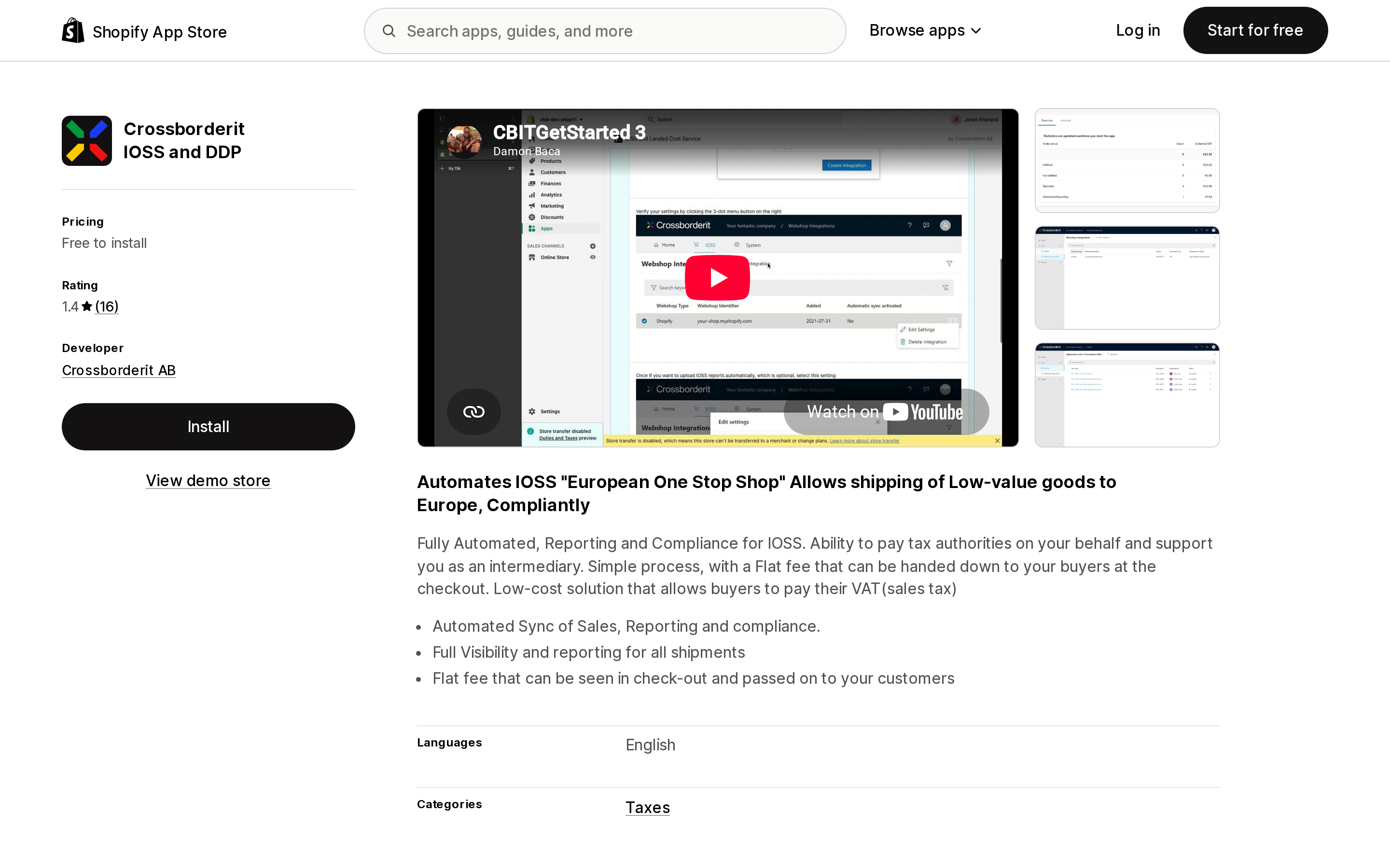 Top of the Shopify App Store listing page for Crossborderit IOSS and DDP, showing a 1.4 rating from 16 reviews