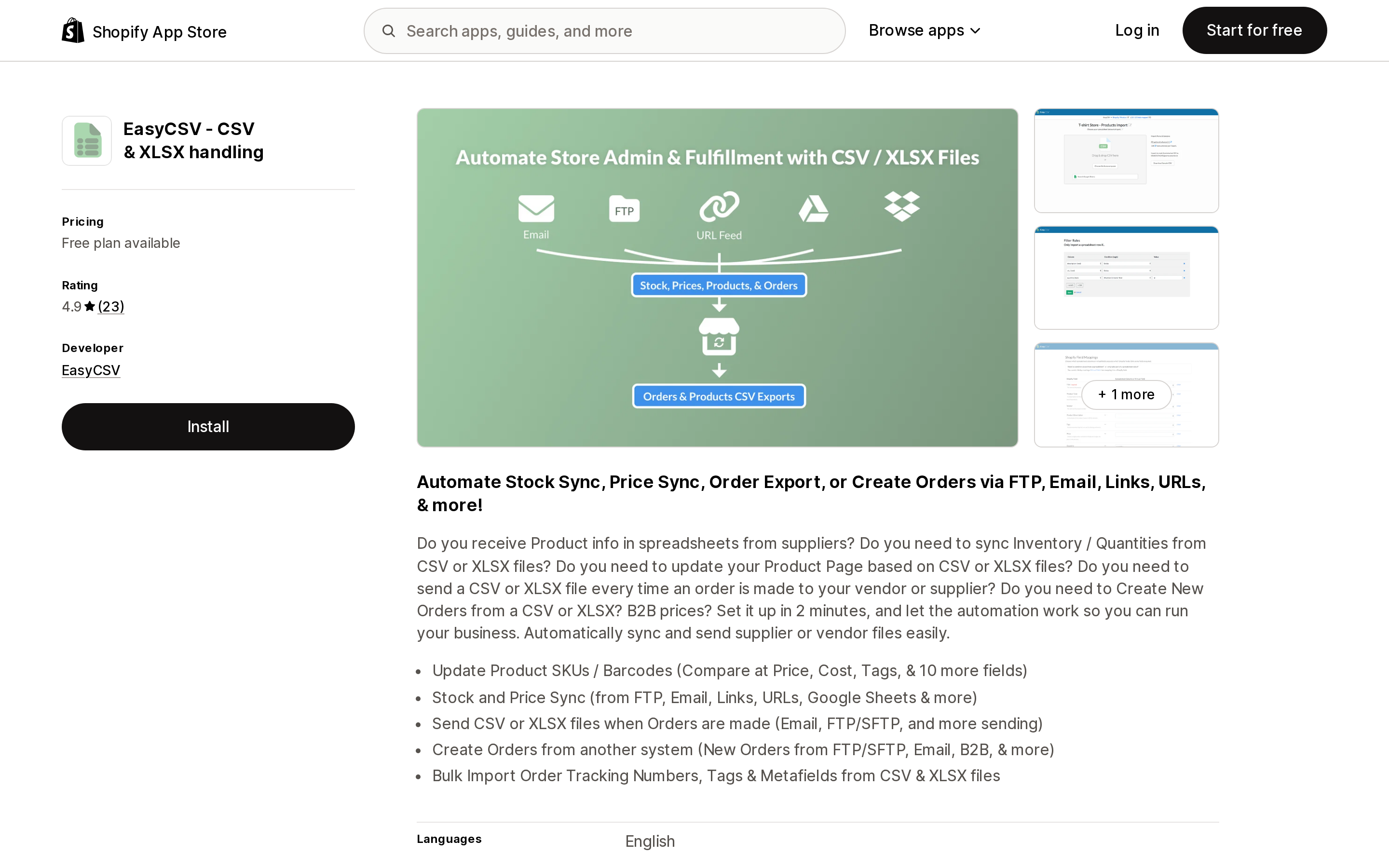Top of the Shopify App Store listing page for EasyCSV ‑ CSV & XLSX handling