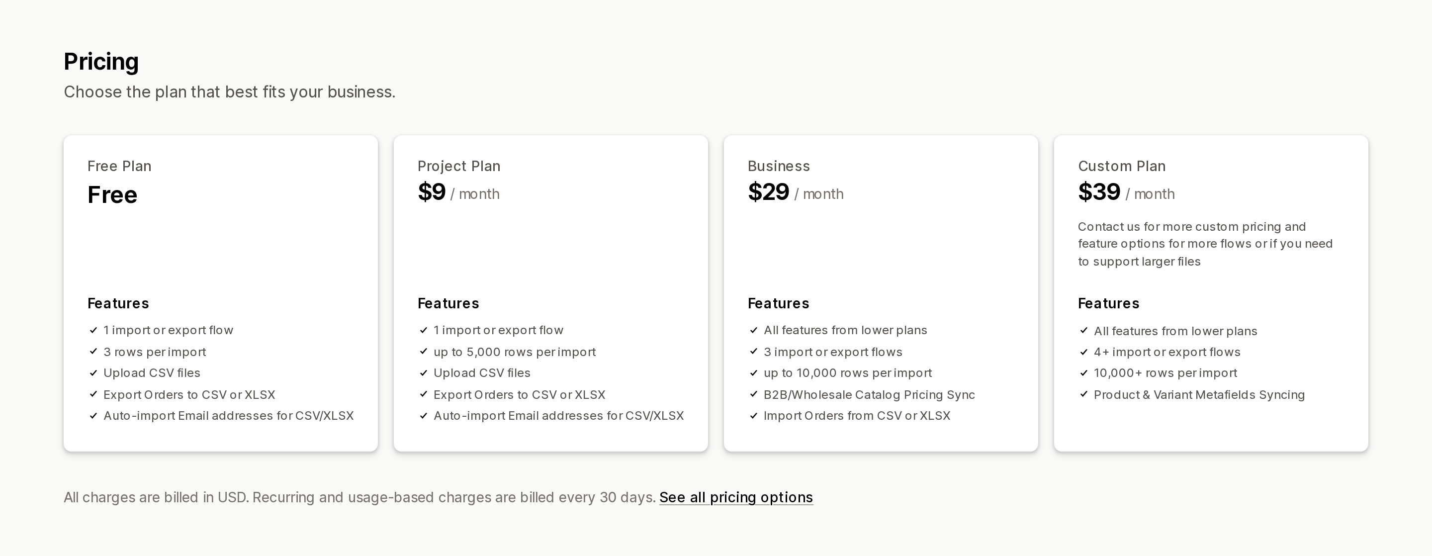 EasyCSV pricing plans, showing that Import Orders from CSV or XLSX first appears on the $29/month Business plan