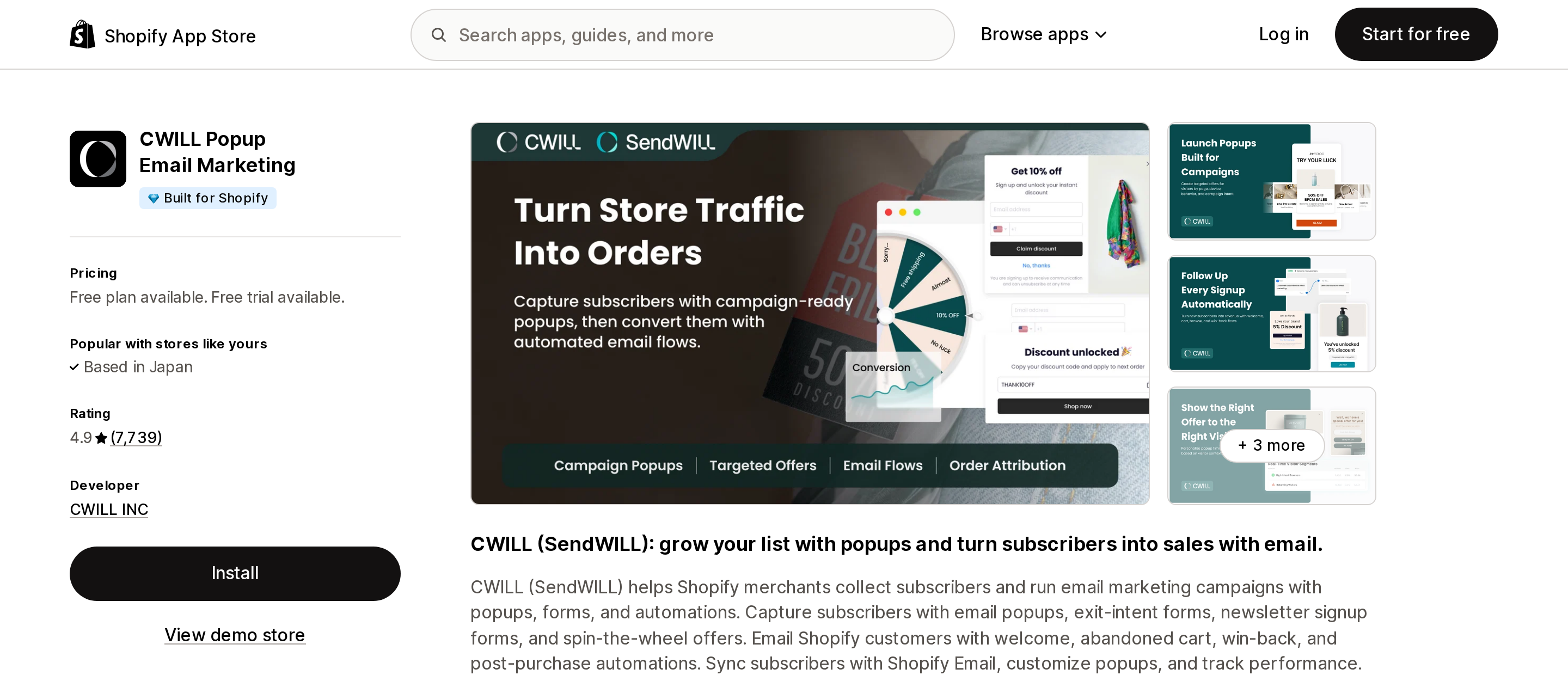 Top of the Shopify App Store listing page for CWILL Popup Email Marketing, showing a Built for Shopify badge and a 4.9 rating from 7,739 reviews