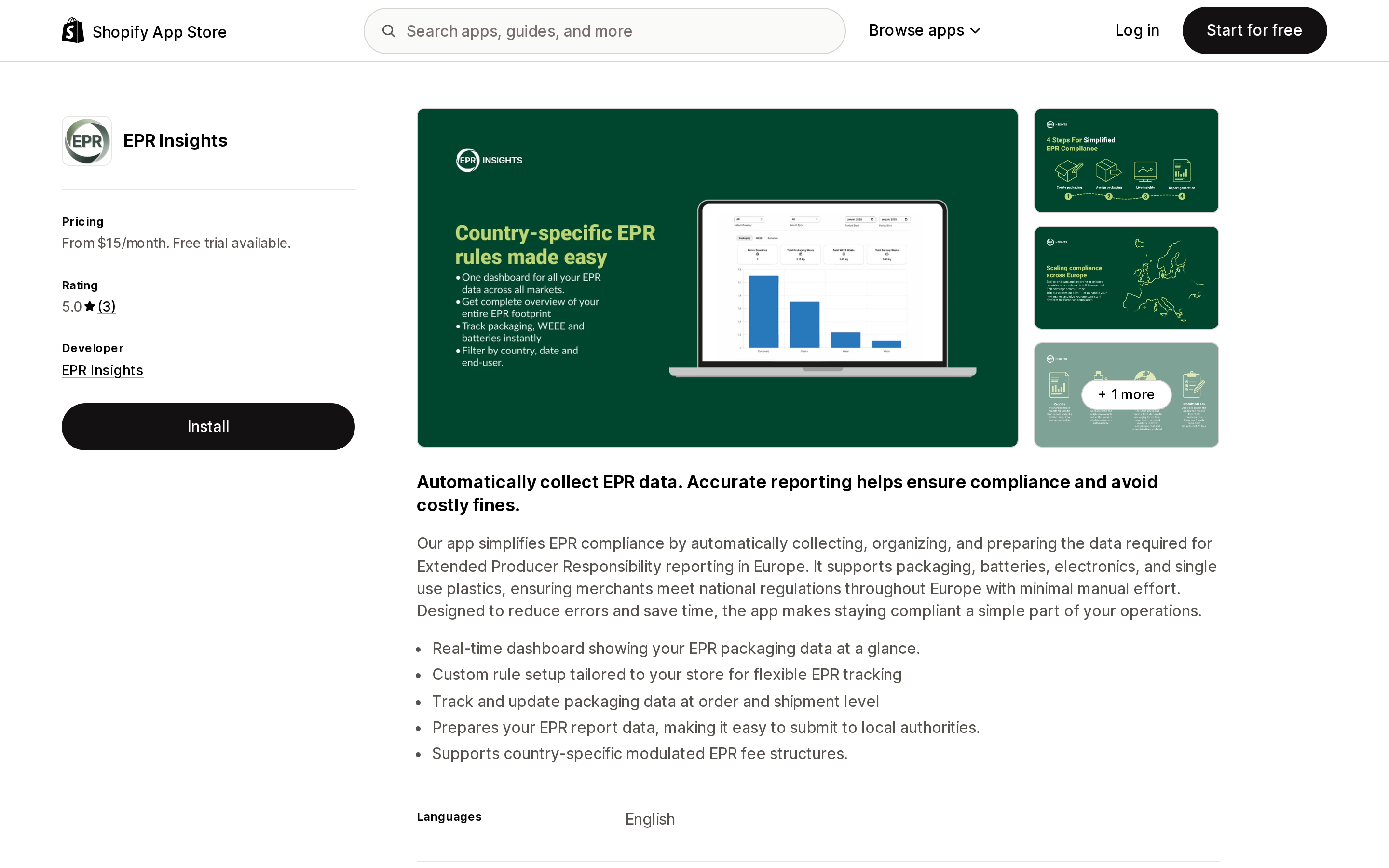 Top of the Shopify App Store listing page for EPR Insights