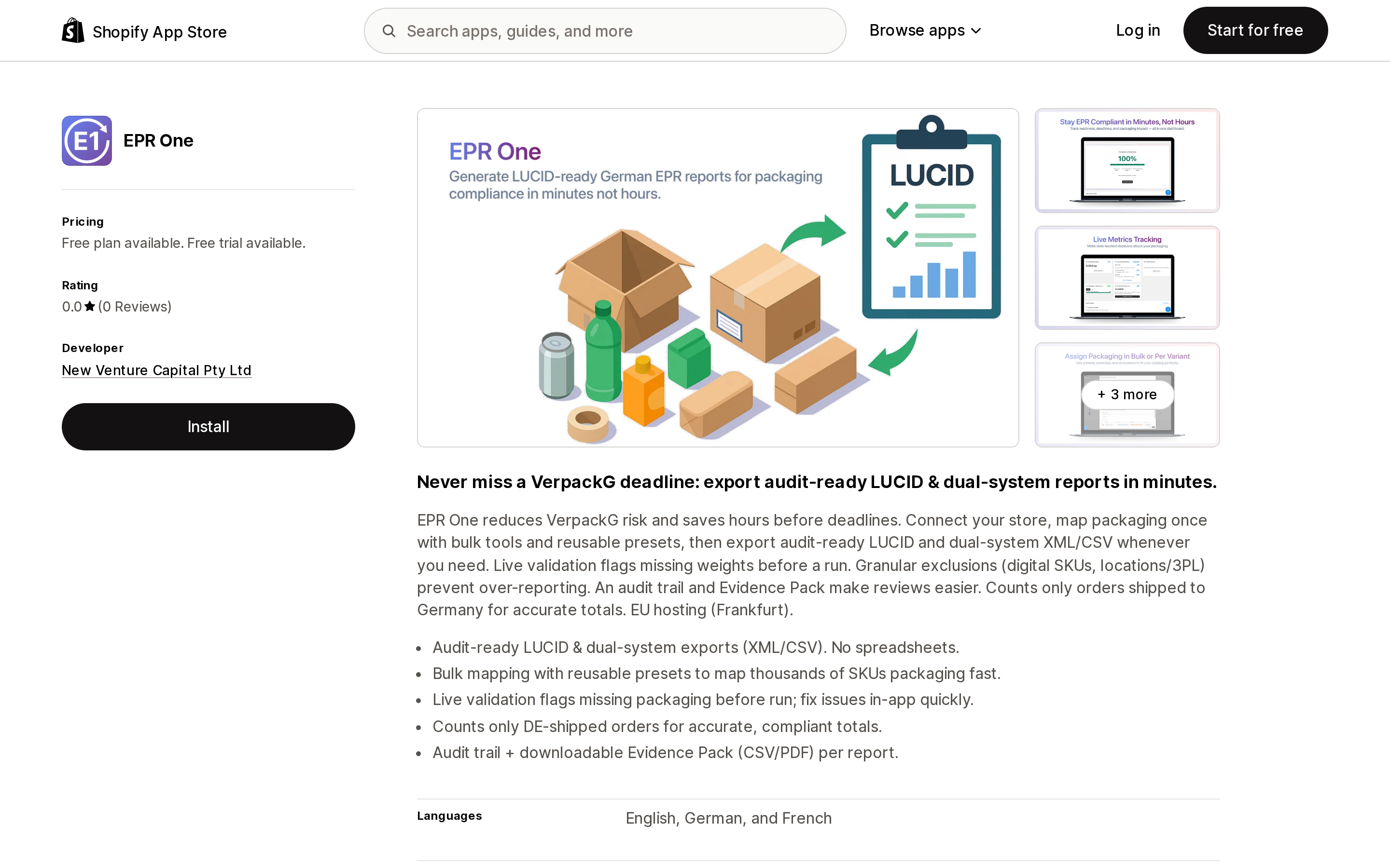 Top of the Shopify App Store listing page for EPR One
