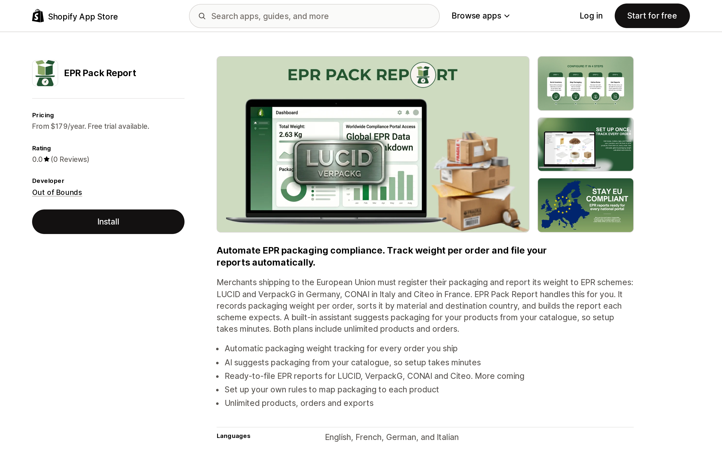 Top of the Shopify App Store listing page for EPR Pack Report