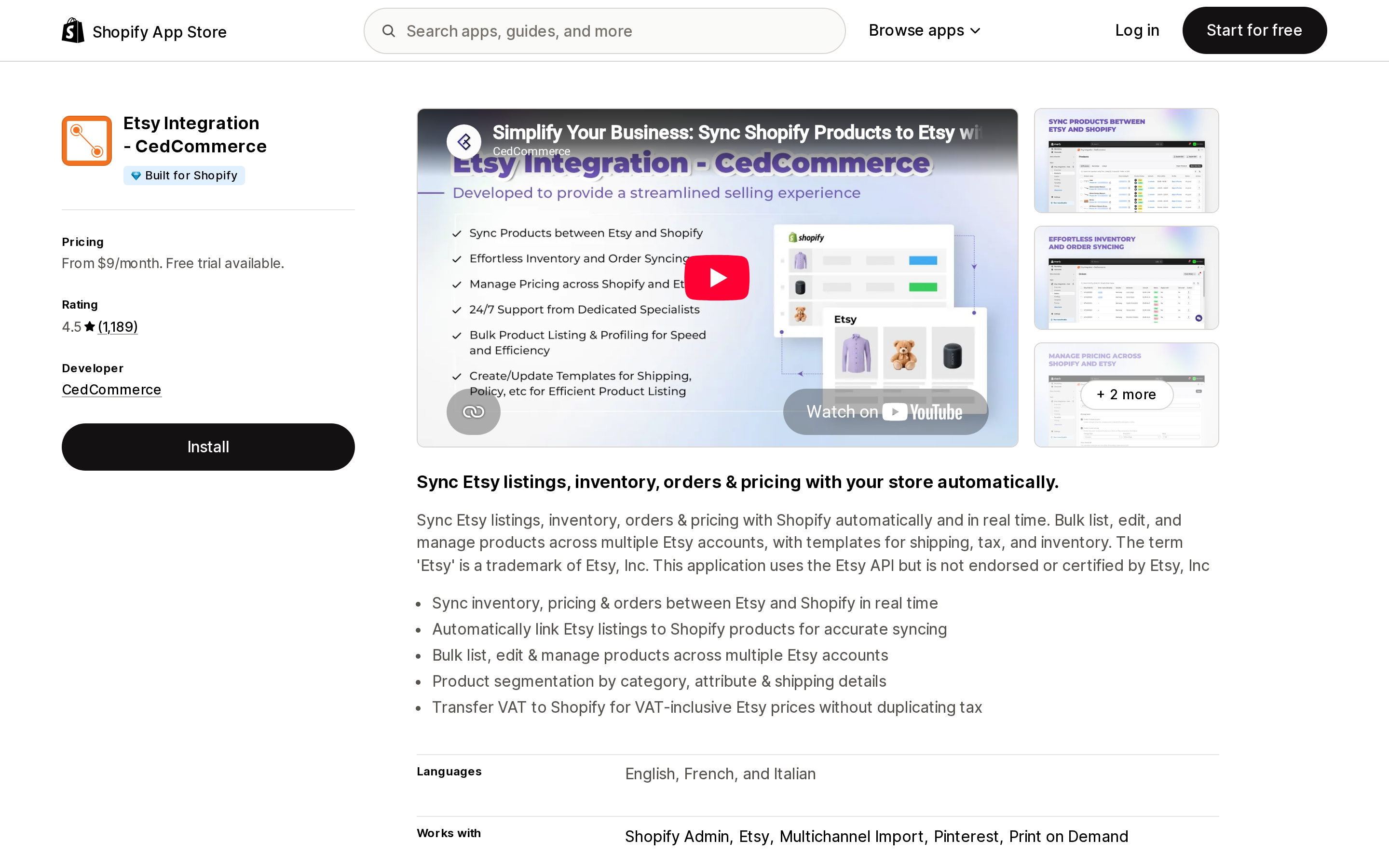 Top of the Shopify App Store listing page for Etsy Integration ‑ CedCommerce, showing the Built for Shopify badge and 4.5 rating