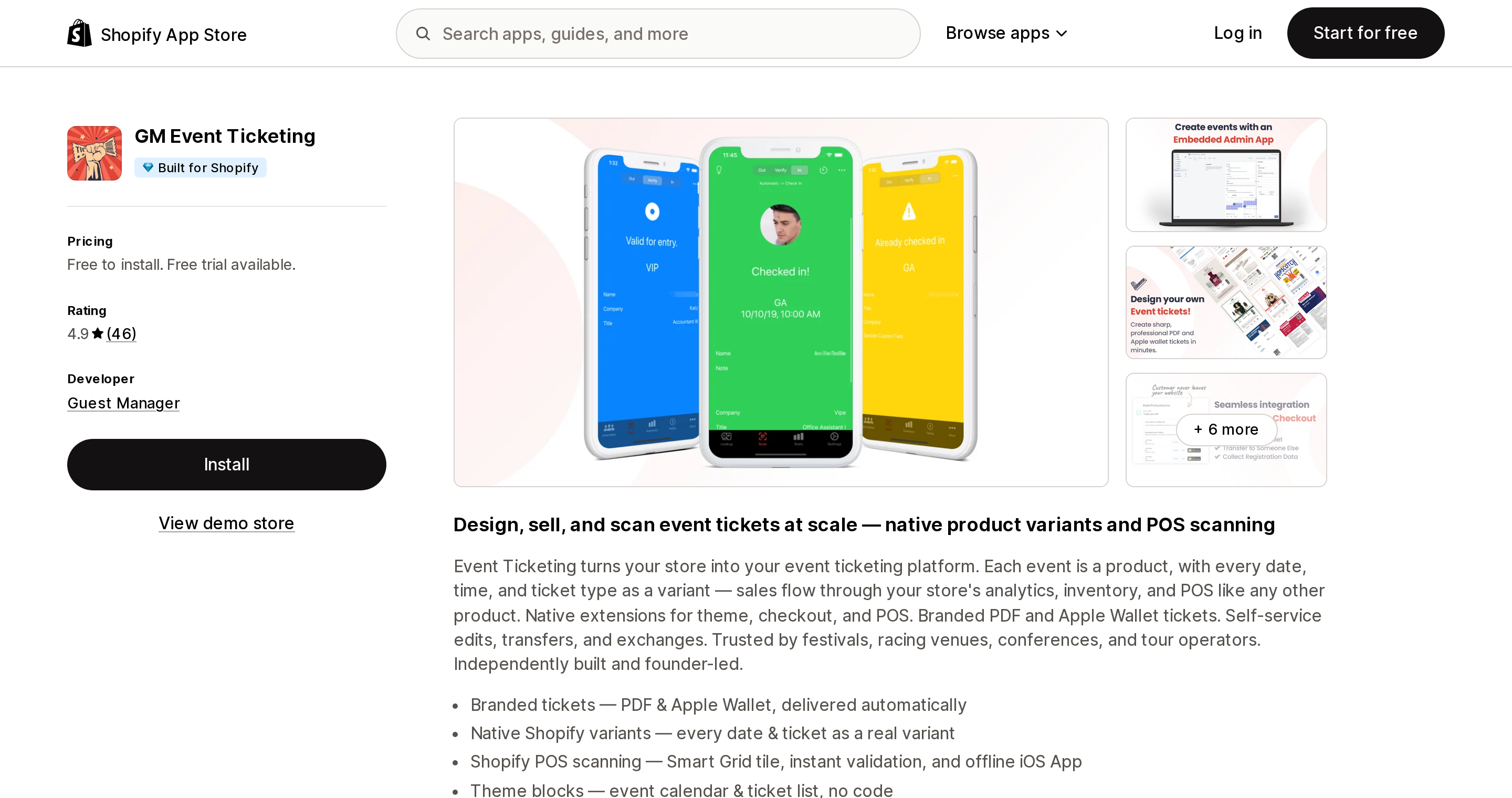 Top of the Shopify App Store listing page for GM Event Ticketing