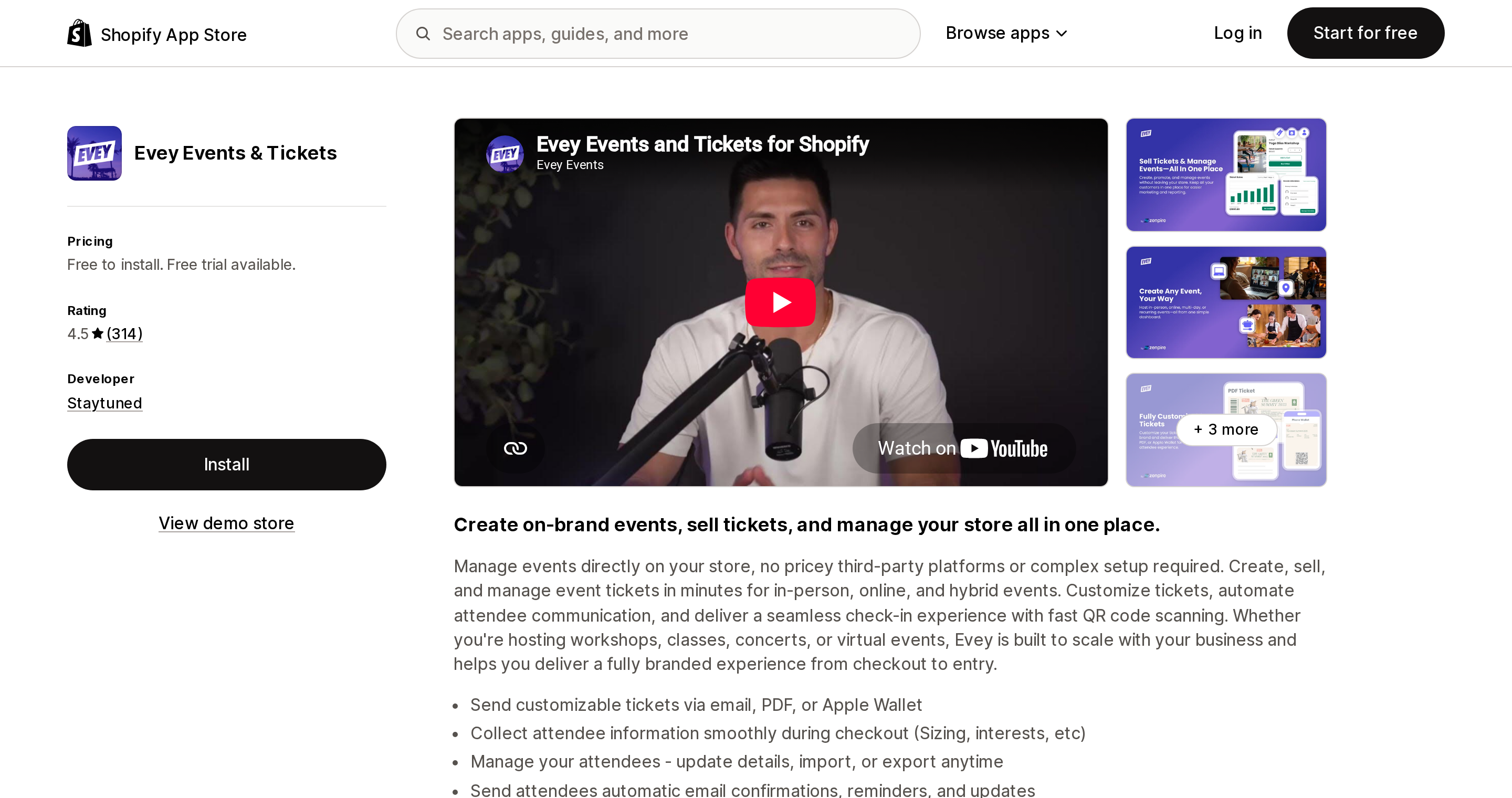 Top of the Shopify App Store listing page for Evey Events & Tickets