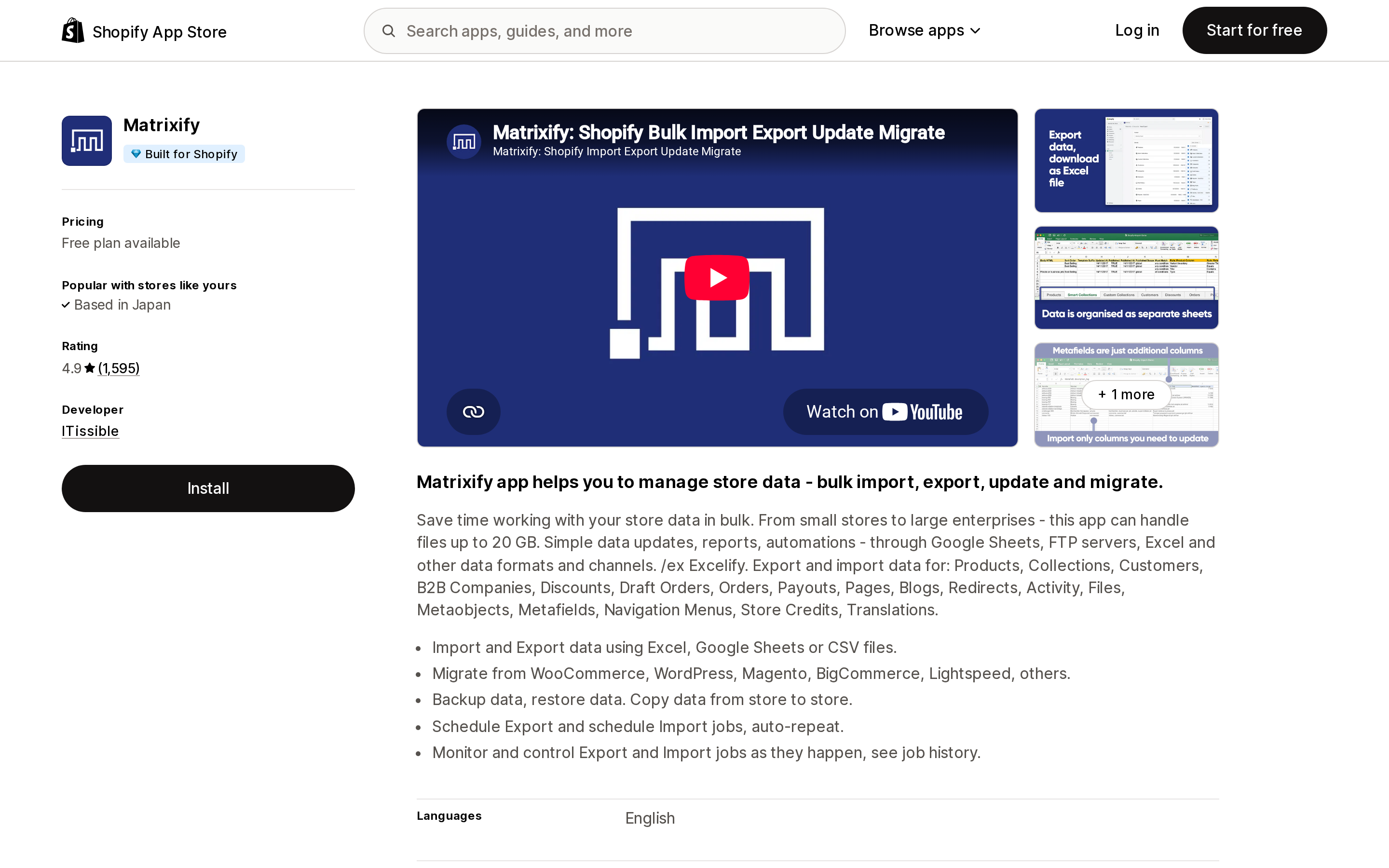 Top of the Shopify App Store listing page for Matrixify, showing the Built for Shopify badge and a 4.9 rating