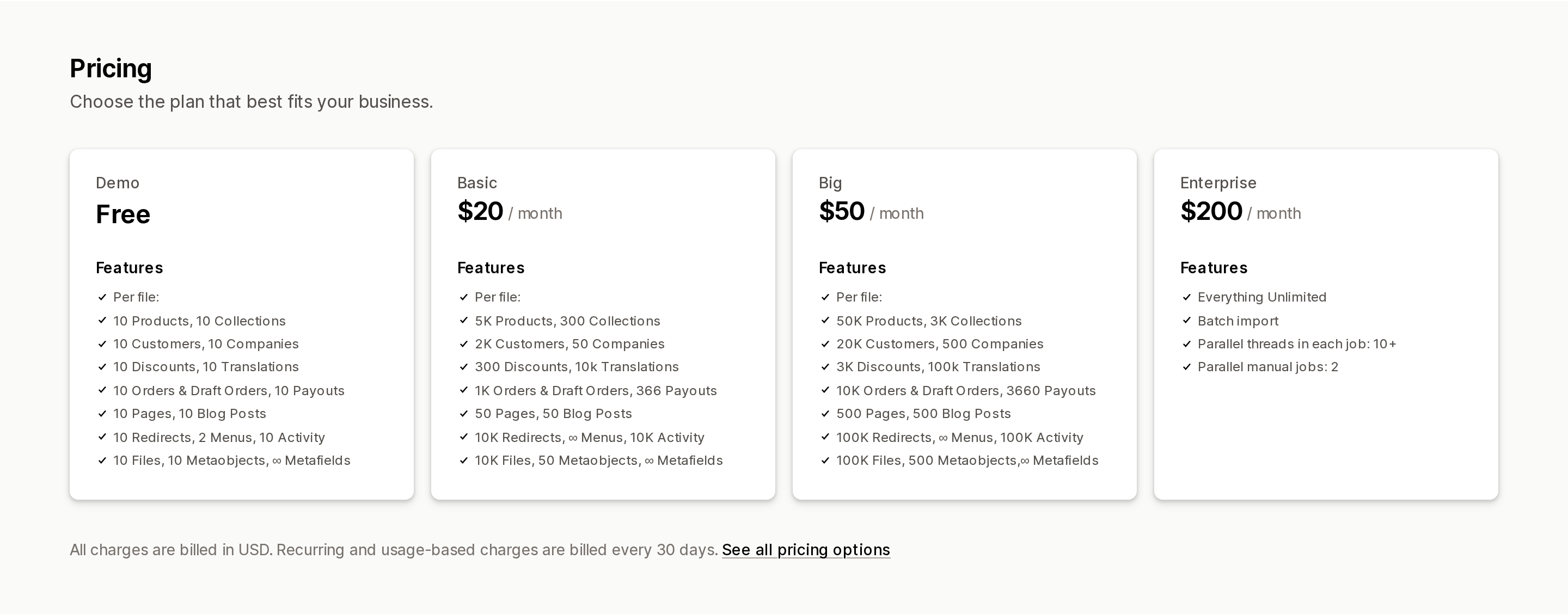 Matrixify pricing plans, showing per-file limits from the free Demo tier to the $200/month Enterprise tier