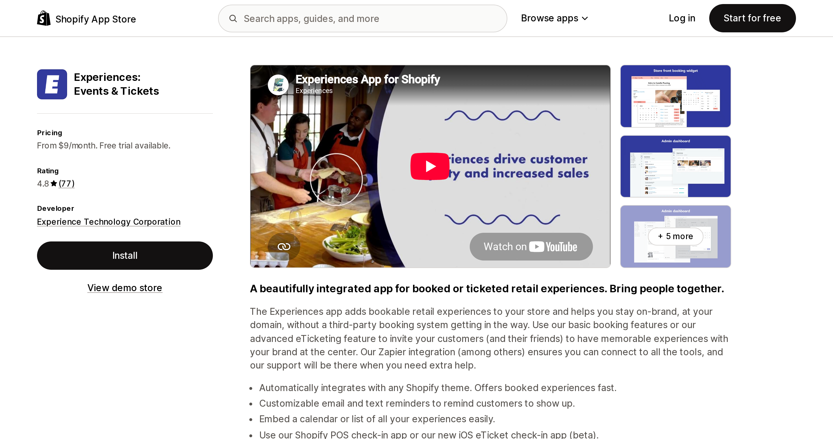 Top of the Shopify App Store listing page for Experiences: Events & Tickets