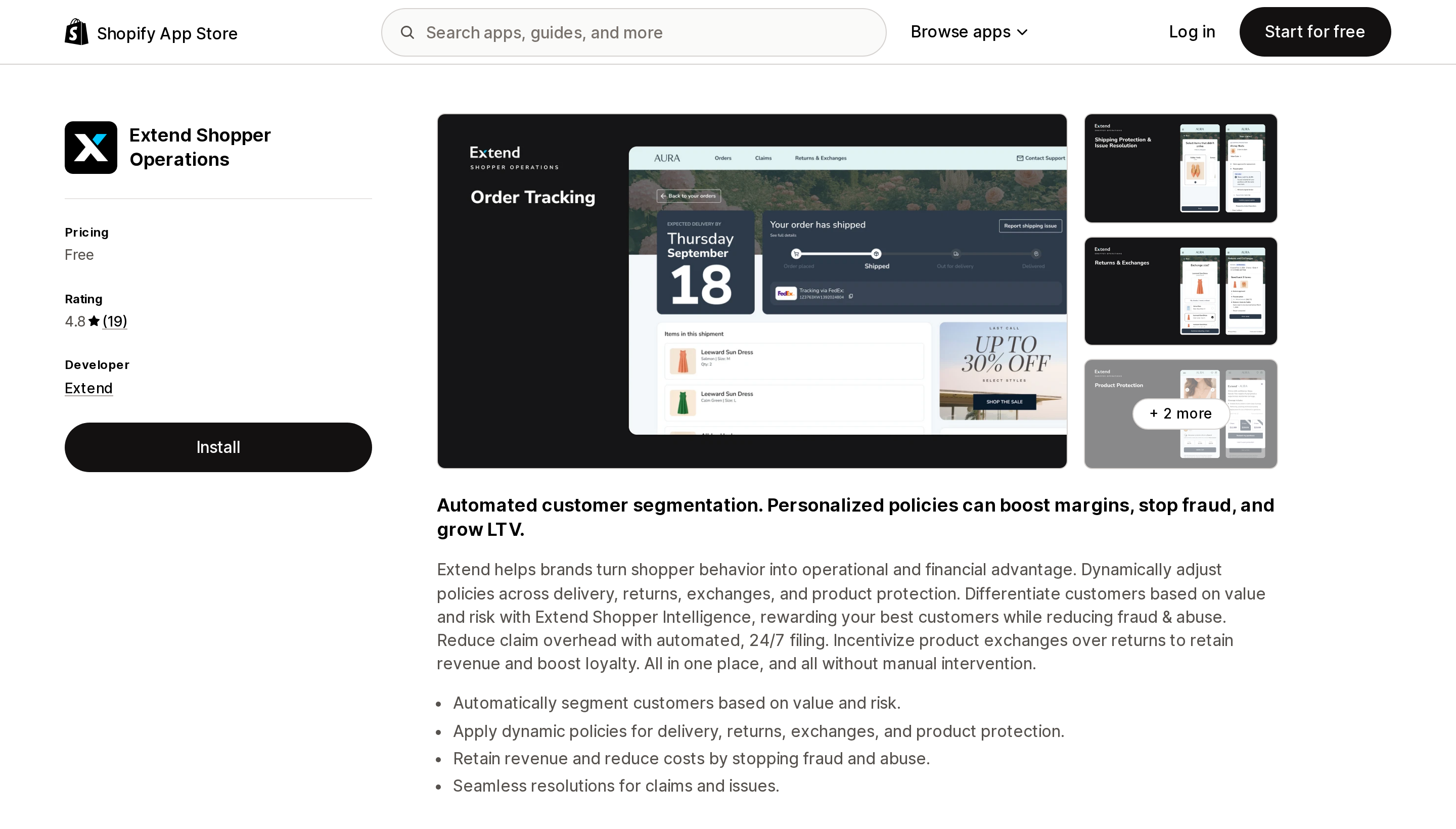 Top of the Shopify App Store listing page for Extend Shopper Operations, showing the app title, free pricing, and 4.8 rating