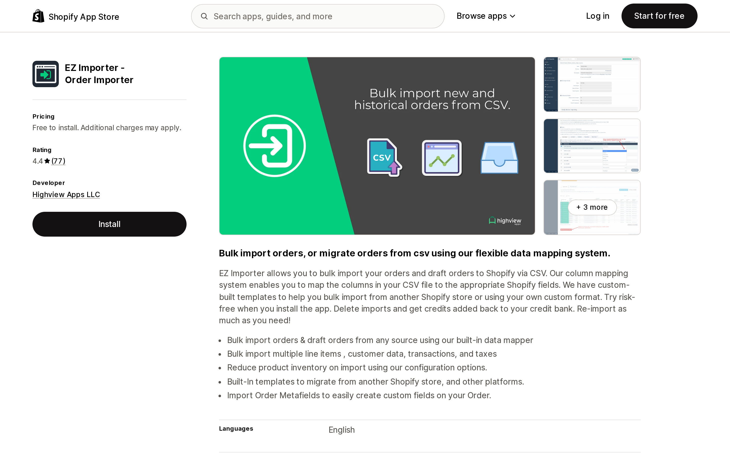 Top of the Shopify App Store listing page for EZ Importer ‑ Order Importer