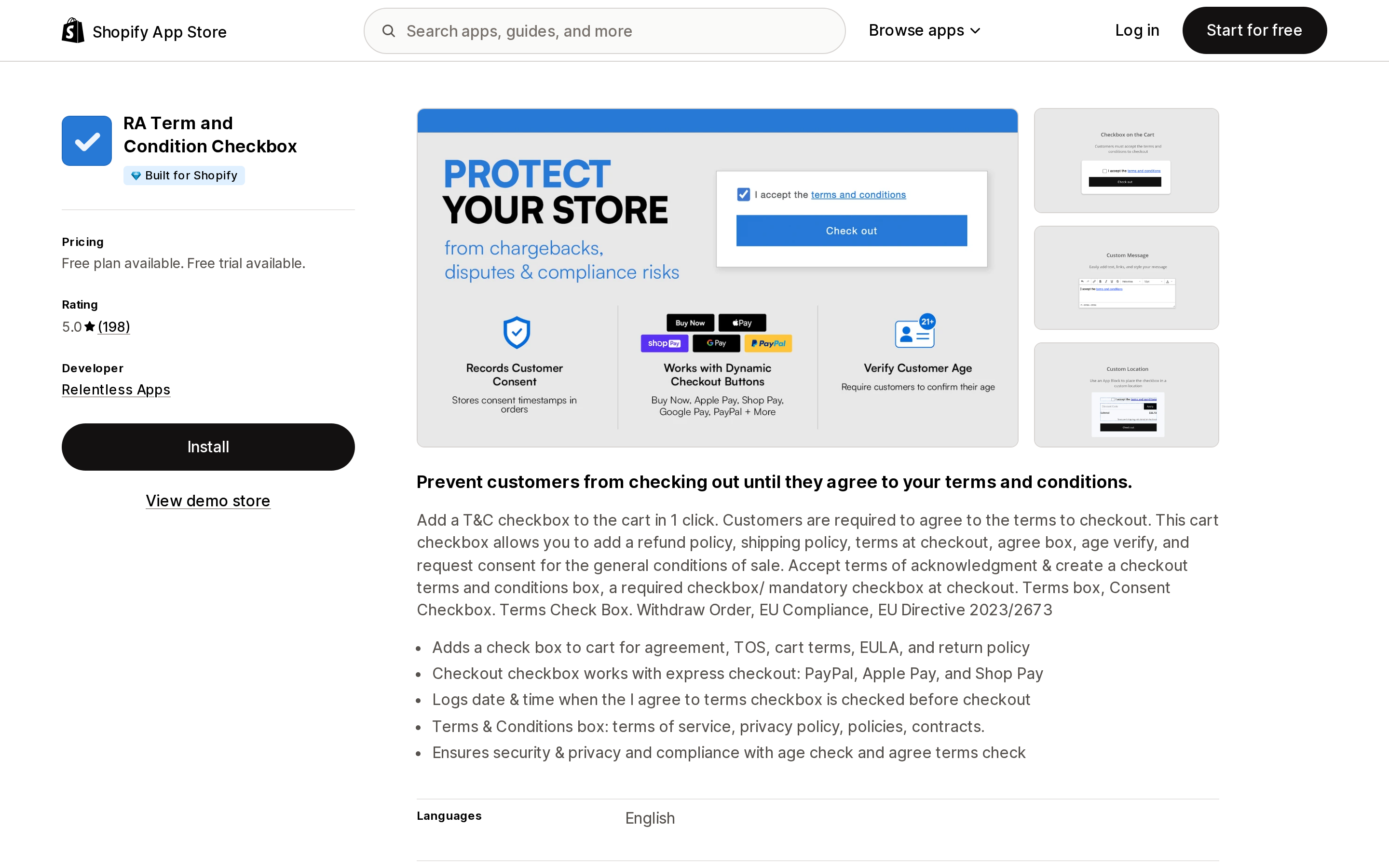 Top of the Shopify App Store listing page for RA Term and Condition Checkbox