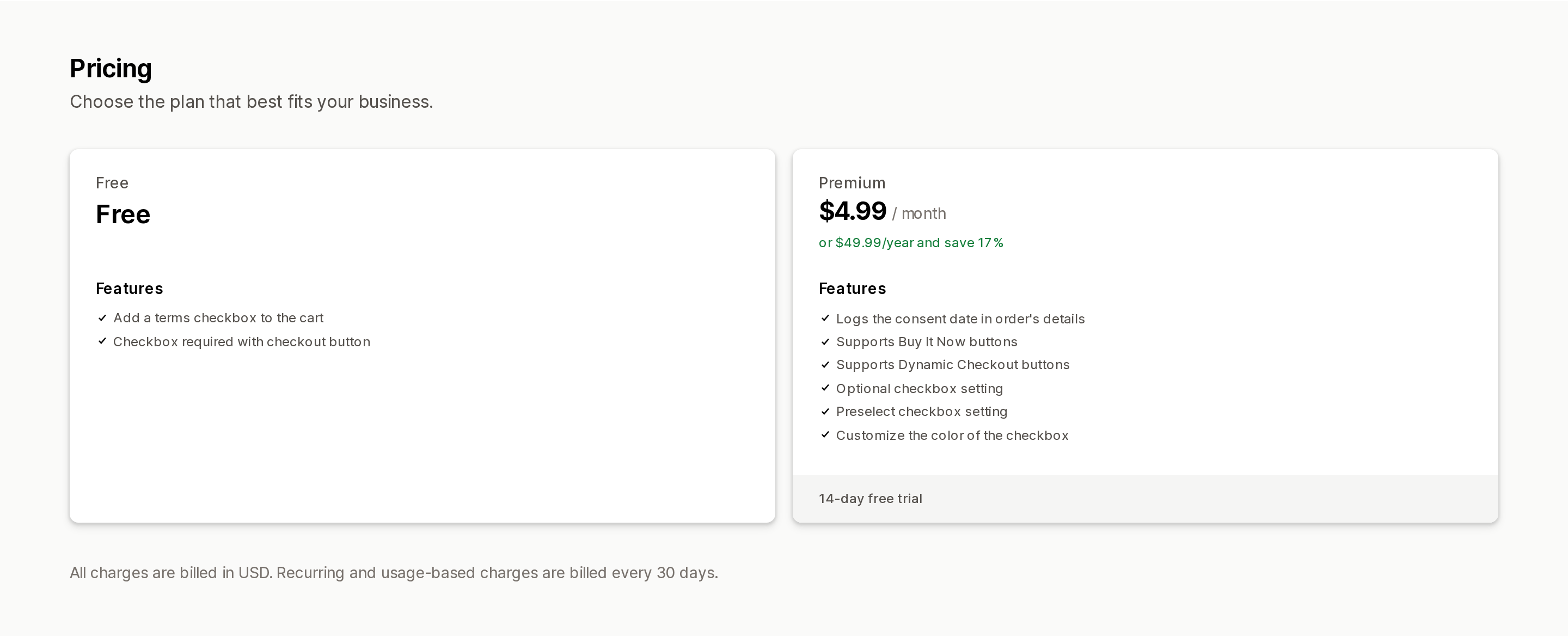 RA Term and Condition Checkbox pricing plans, showing the Free plan and the $4.99/month Premium plan
