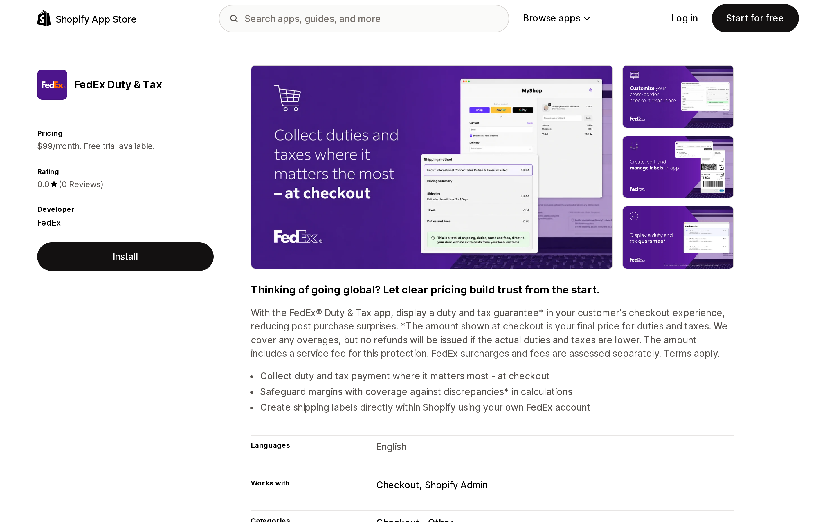 Top of the Shopify App Store listing page for FedEx Duty & Tax, showing FedEx as the developer and $99 per month pricing with no reviews yet