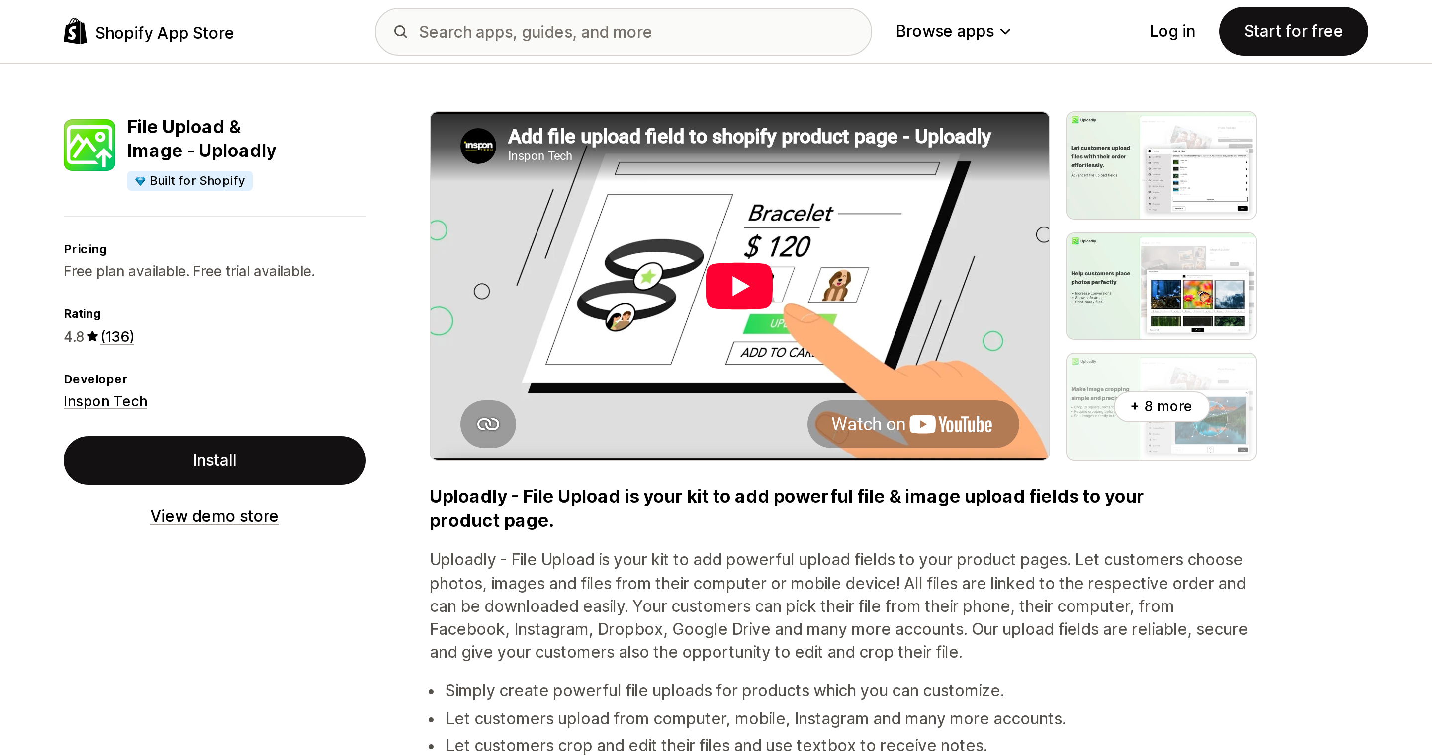 Top of the Shopify App Store listing page for File Upload & Image ‑ Uploadly